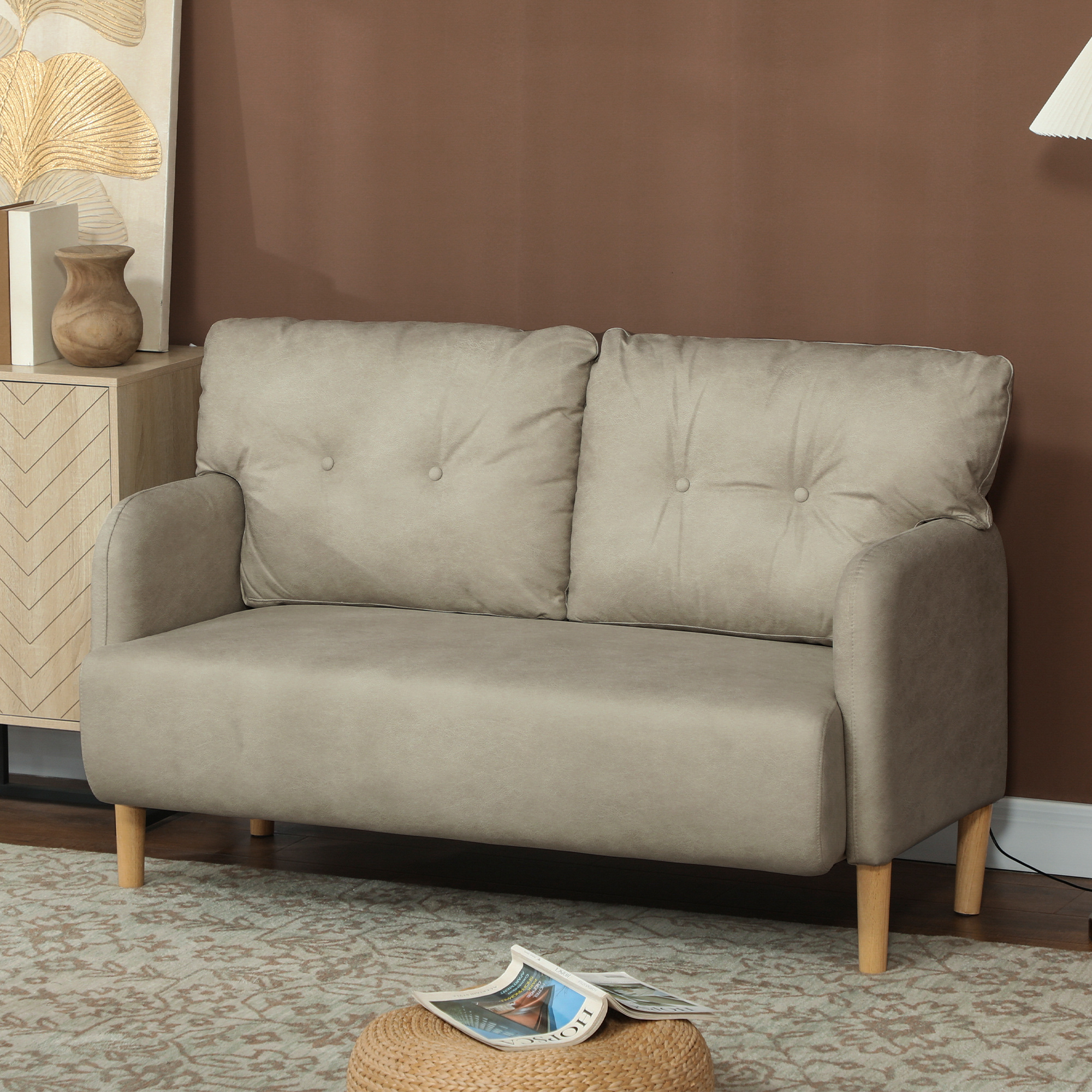 58" 2 Seat Sofa, Modern Love Seats Furniture, Upholstered 2 Seater Couch, Solid Wood Frame, Beige - Image 6