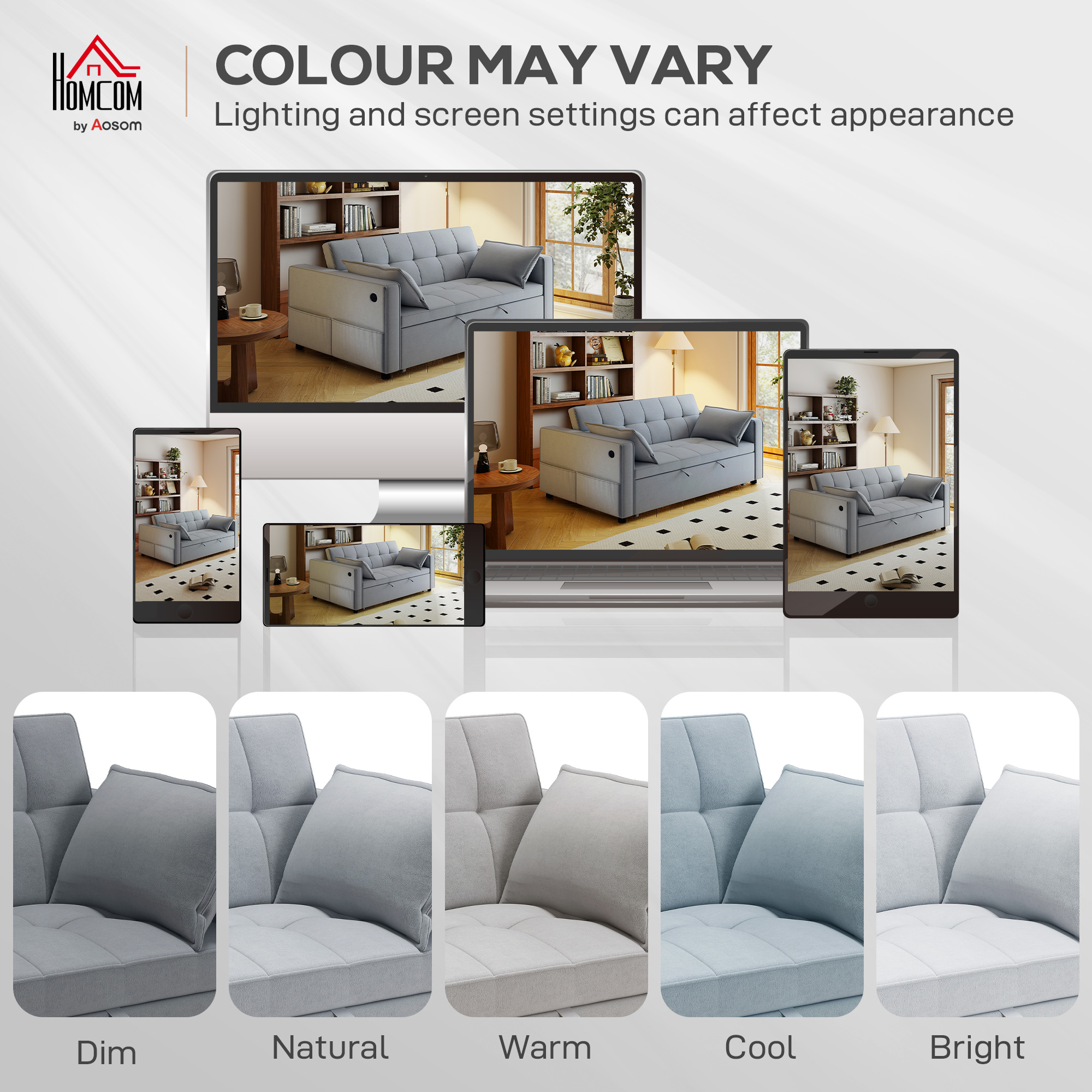 3‑in‑1 Double Sofa Bed, Pull Out Sleeper Sofa with USB Charging, Adjustable Backrest, Side Pockets, Light Grey - Image 5