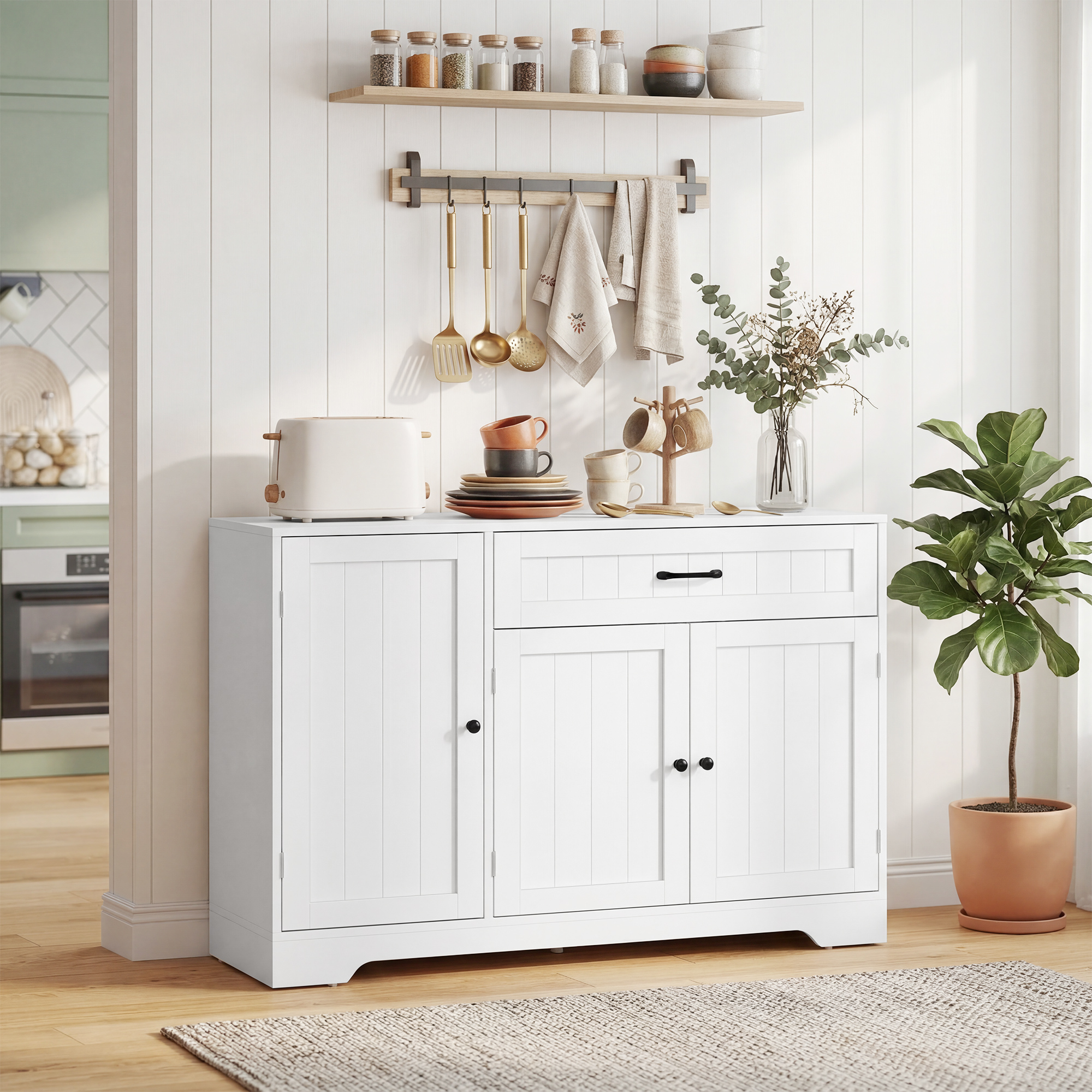 44" Modern Kitchen Storage Cabinet with Drawer, Adjustable Shelves, Small Kitchen Pantry with Door Racks, White - Image 6