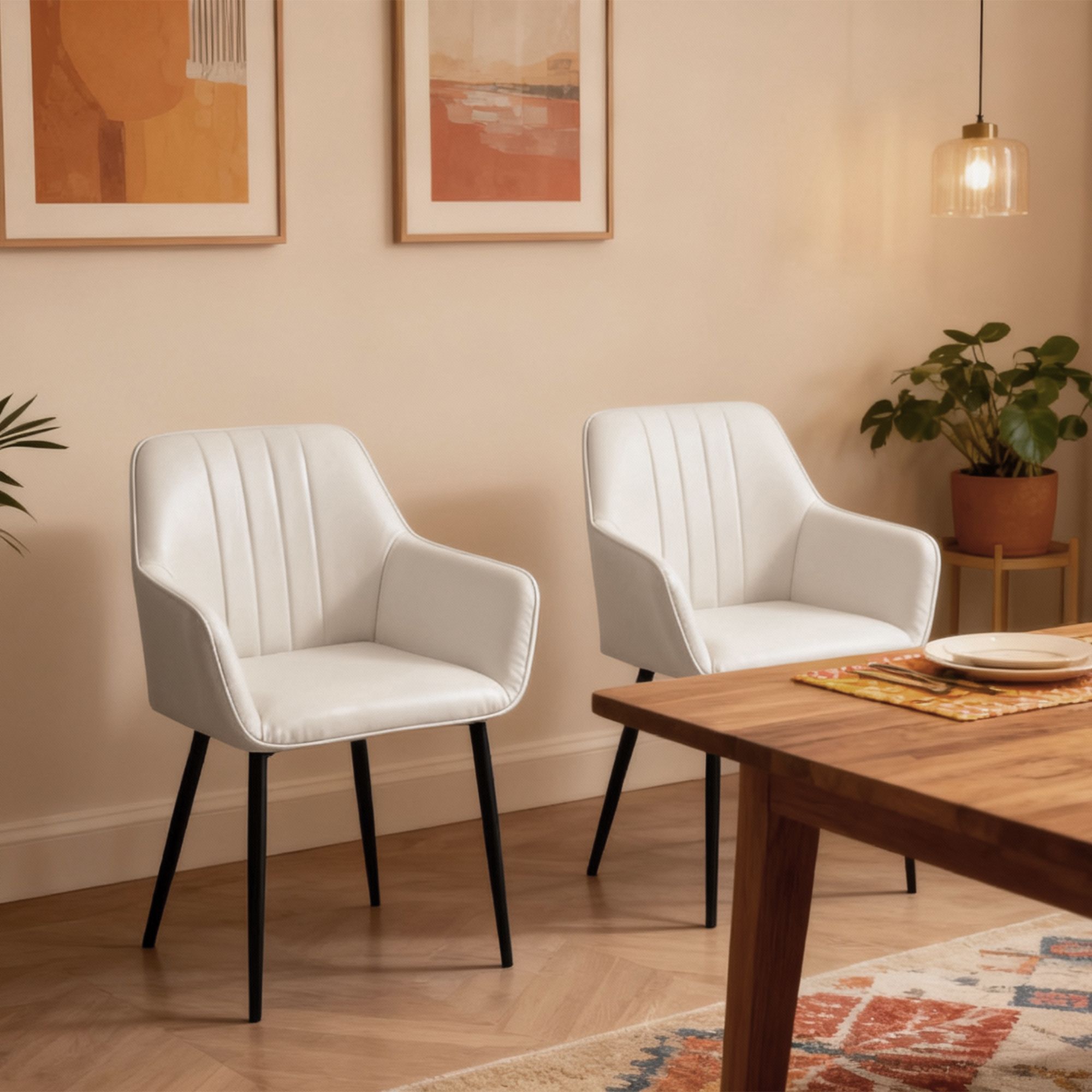 Dining Chairs Set of 2, Upholstered Linen Fabric Accent Chairs with Metal Legs, Beige - Image 6