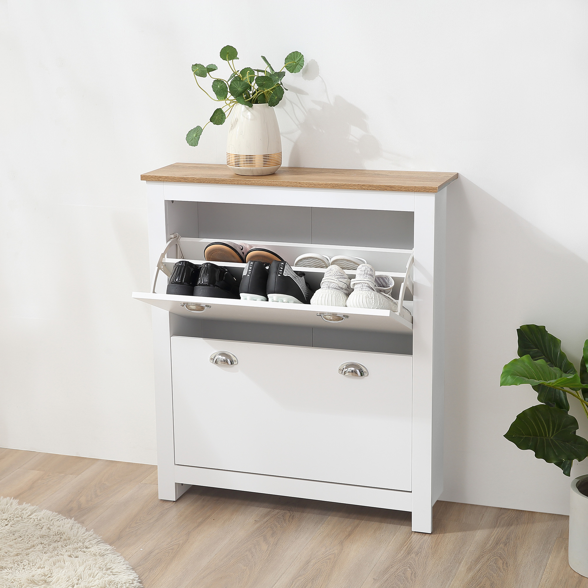 Modern Shoe Cabinet with 2 Flip Drawers and Adjustable Shelves, 12 Pair Shoe Storage Organizer for Hallway, White - Image 6