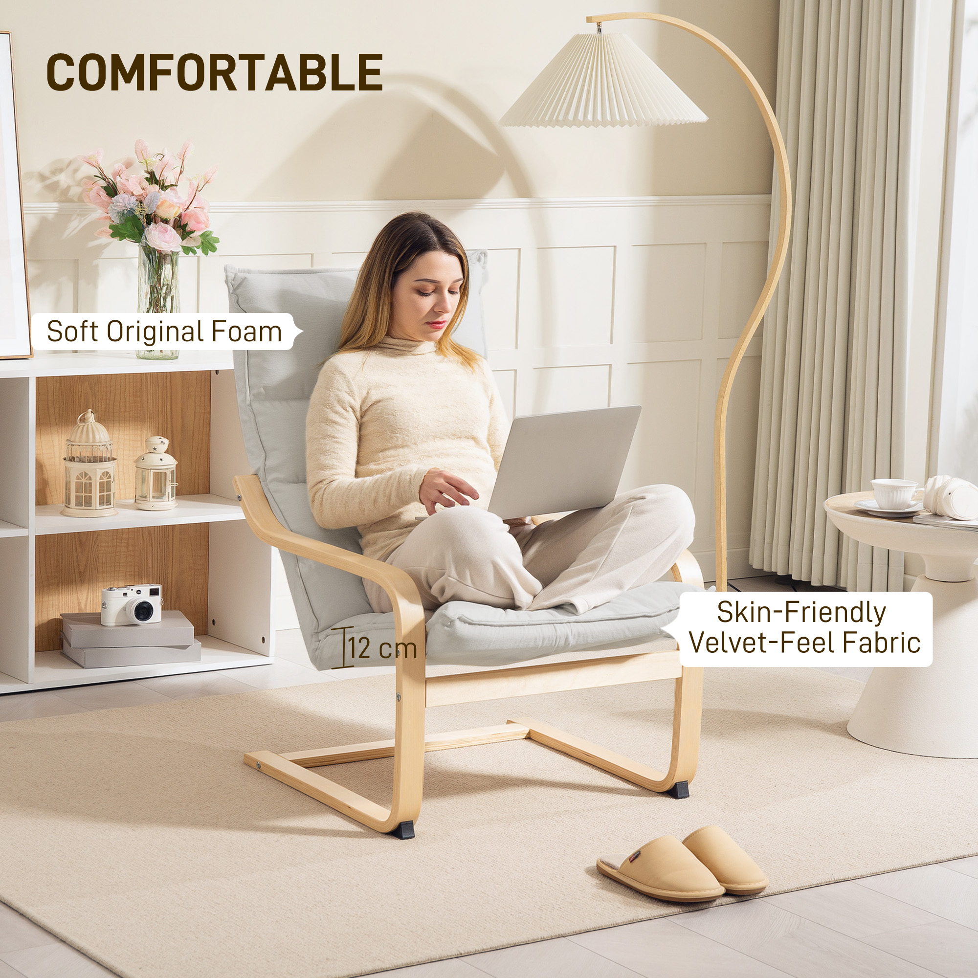 Birch Wood Fabric Modern Armchair, Accent Chair with Curved Leg and Arm for Living Room, Cream White - Image 2