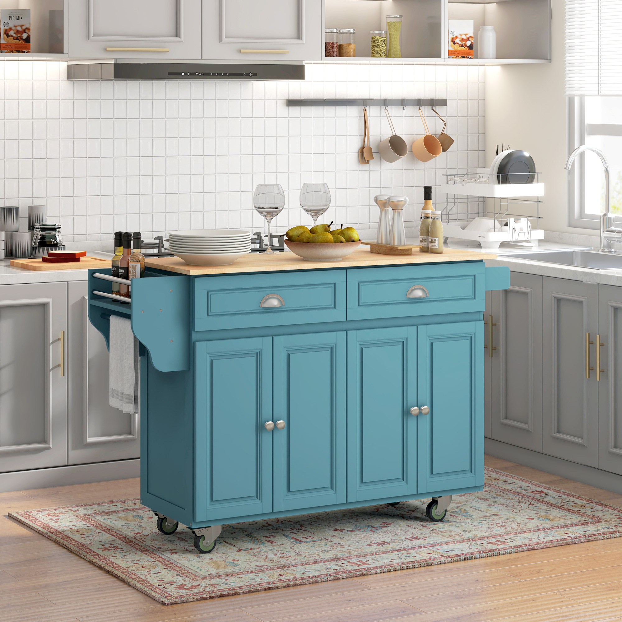 Kitchen Island with Storage, Rolling Kitchen Island with Drop Leaf, Rubber Wood Top and Adjustable Shelves, Light Blue - Image 5