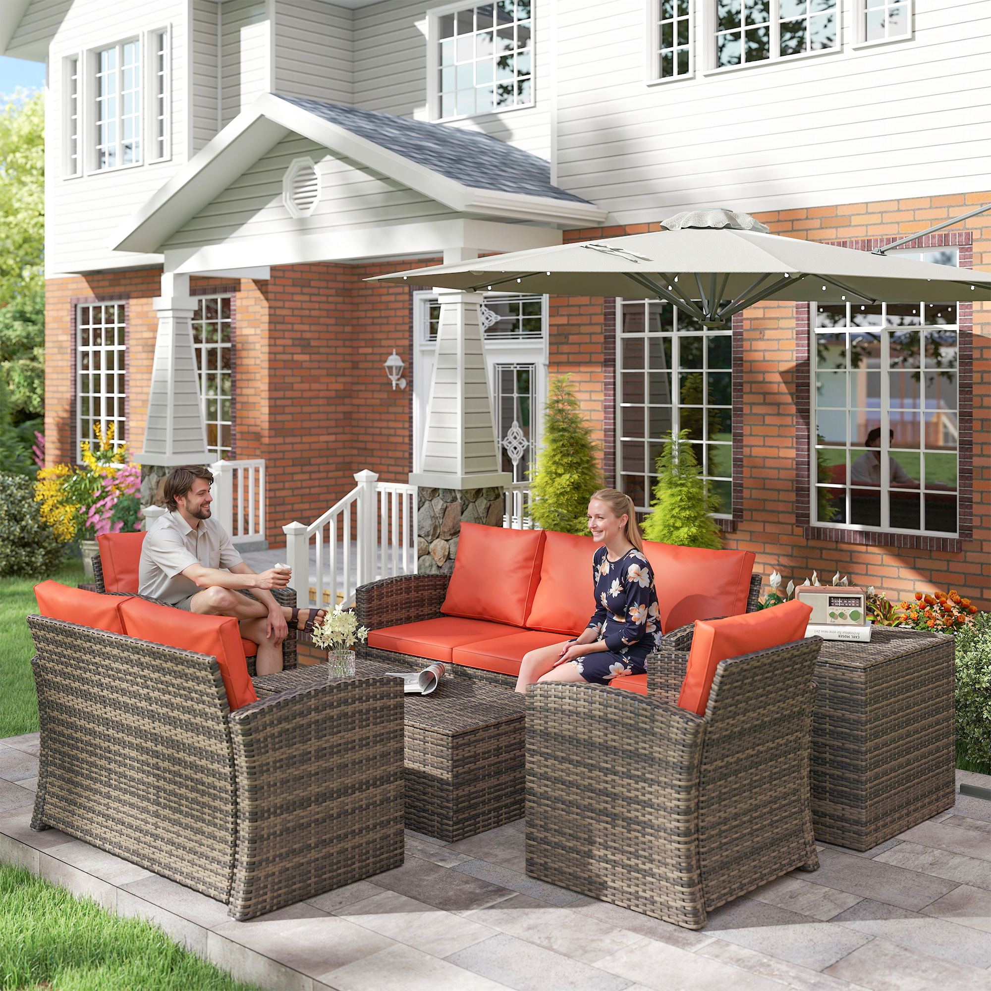 6 Pieces Wicker Patio Furniture Set with Cushions, 7-Seater Rattan Patio Sofa Set with Storage Table, Orange - Image 6