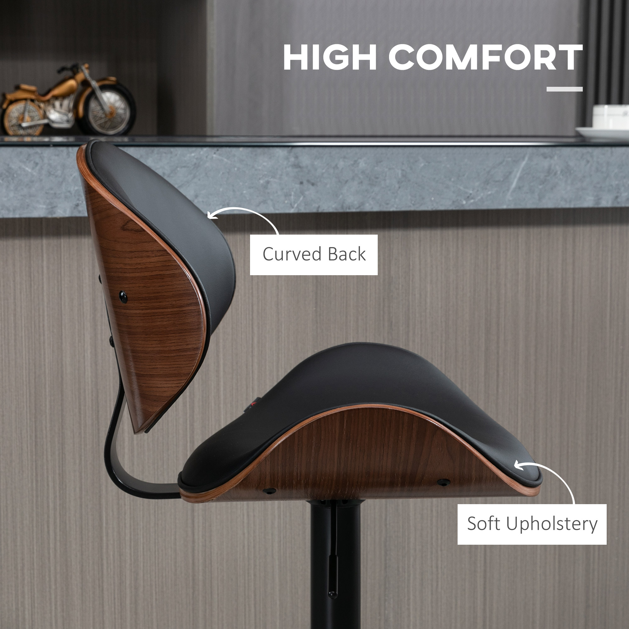 Bar Stools Set of 2, Modern PU Leather Adjustable Swivel Barstools with Curved Back, Footrest and Steel Base, Black - Image 4