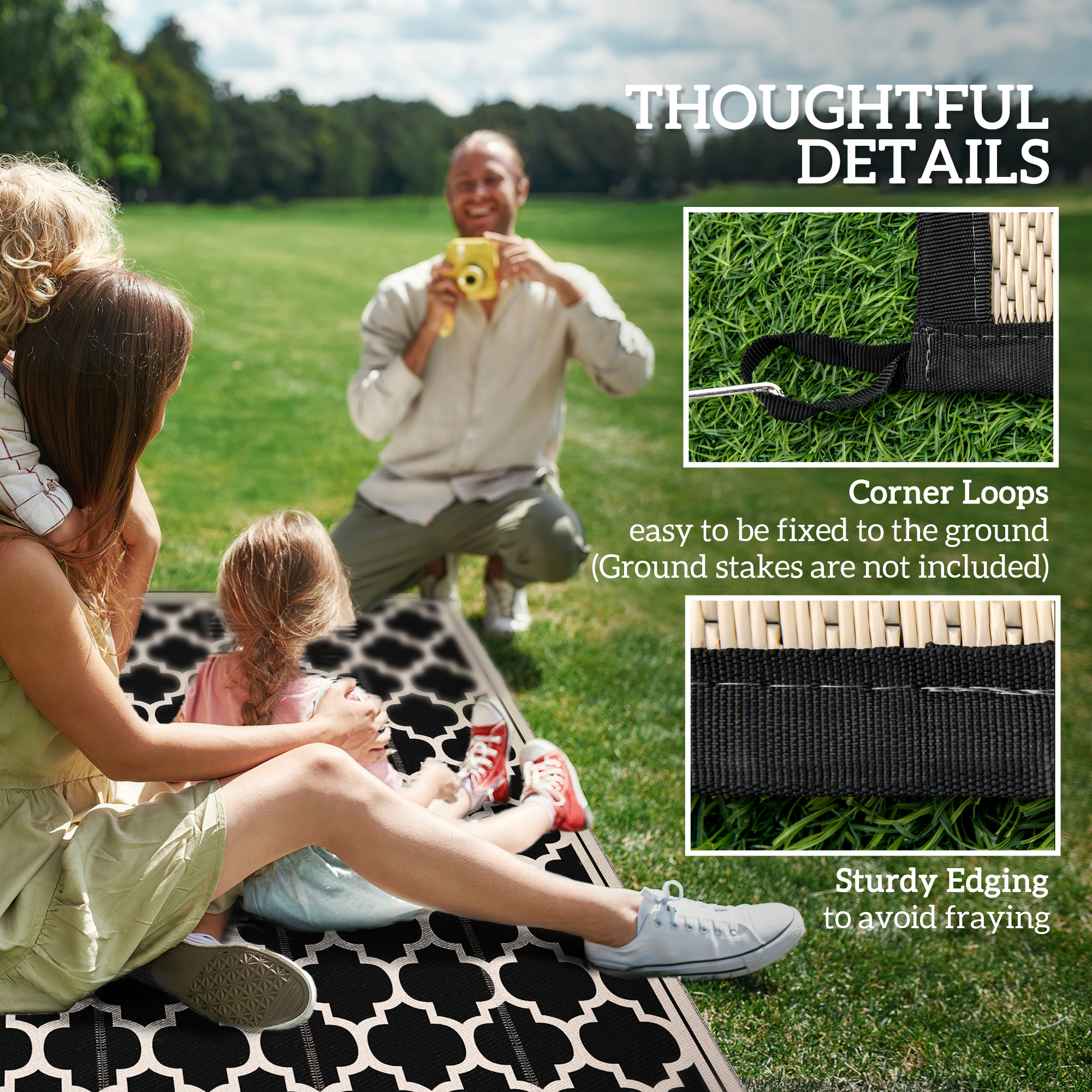 9'x12' Reversible Outdoor RV Rug, Patio Floor Mat, Plastic Straw Rug for Backyard, Deck, Beach, Camping, Black - Image 5