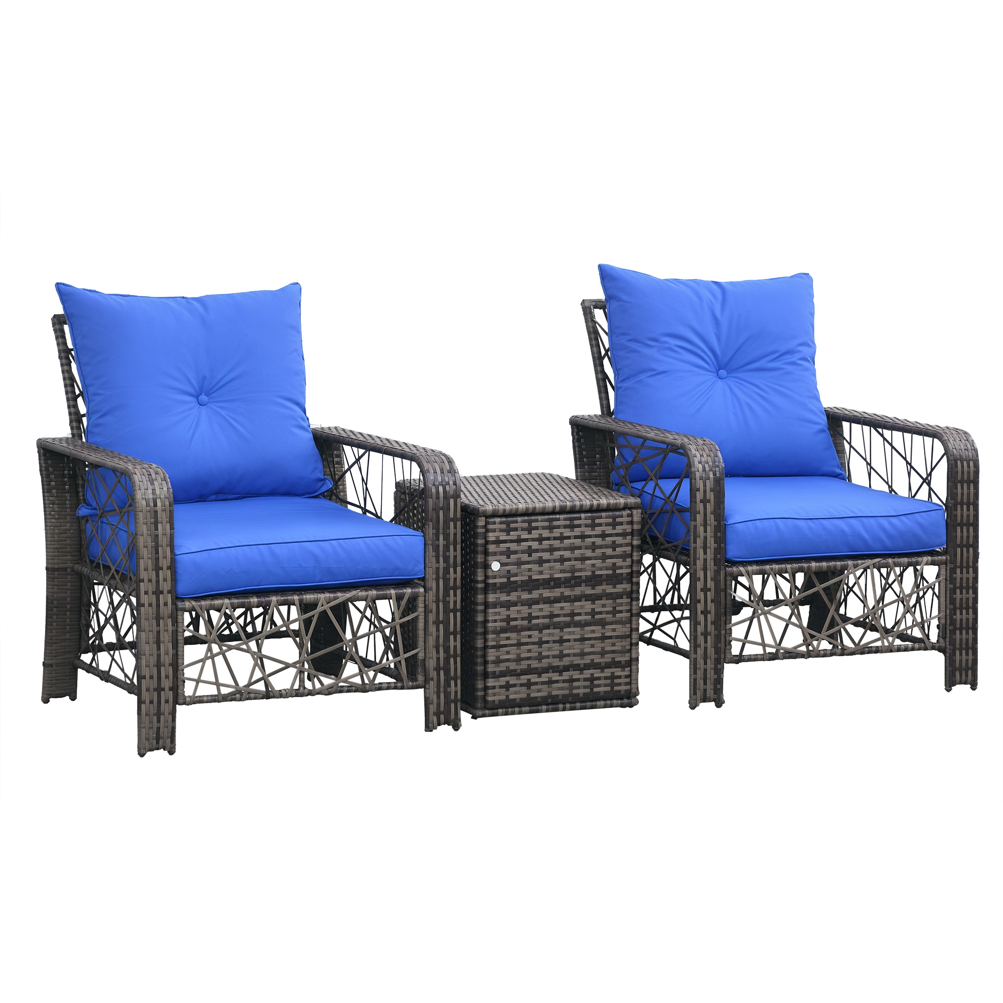 3 Pieces Wicker Patio Furniture Set, Rattan Bistro Set with Storage Coffee Table and Thickened Cushions, Outdoor Conversation Set for Garden, Porch, Balcony, Blue