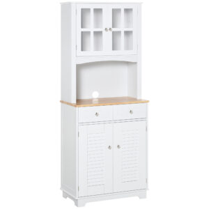 Coastal Style Kitchen Buffet and Hutch Wooden Storage Cupboard with Framed Glass Door LouveredCabinet  Drawers Microwave Space for Dining Room  Living Room  White