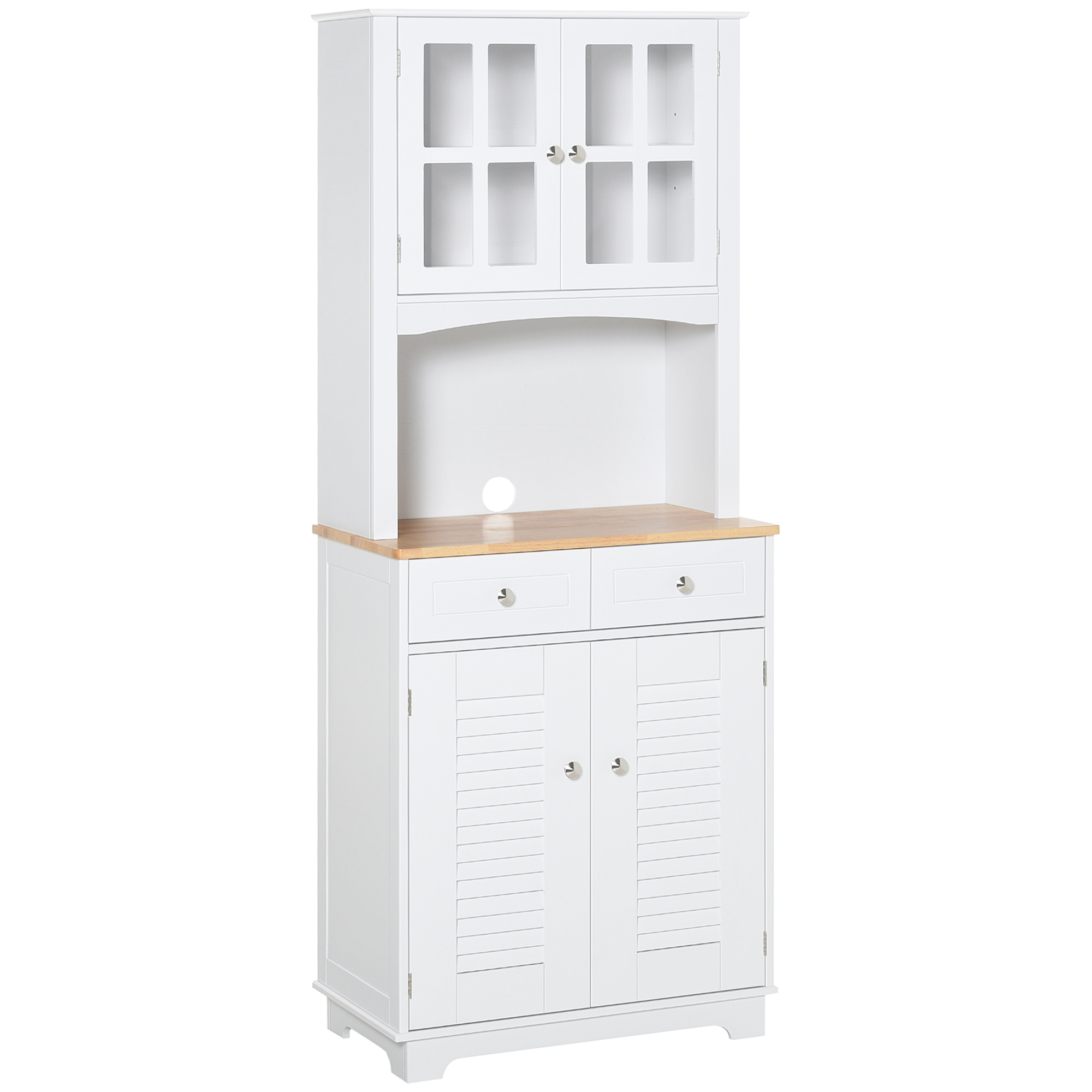 Coastal Style Kitchen Buffet and Hutch Wooden Storage Cupboard with Framed Glass Door LouveredCabinet Drawers Microwave Space for Dining Room Living Room White