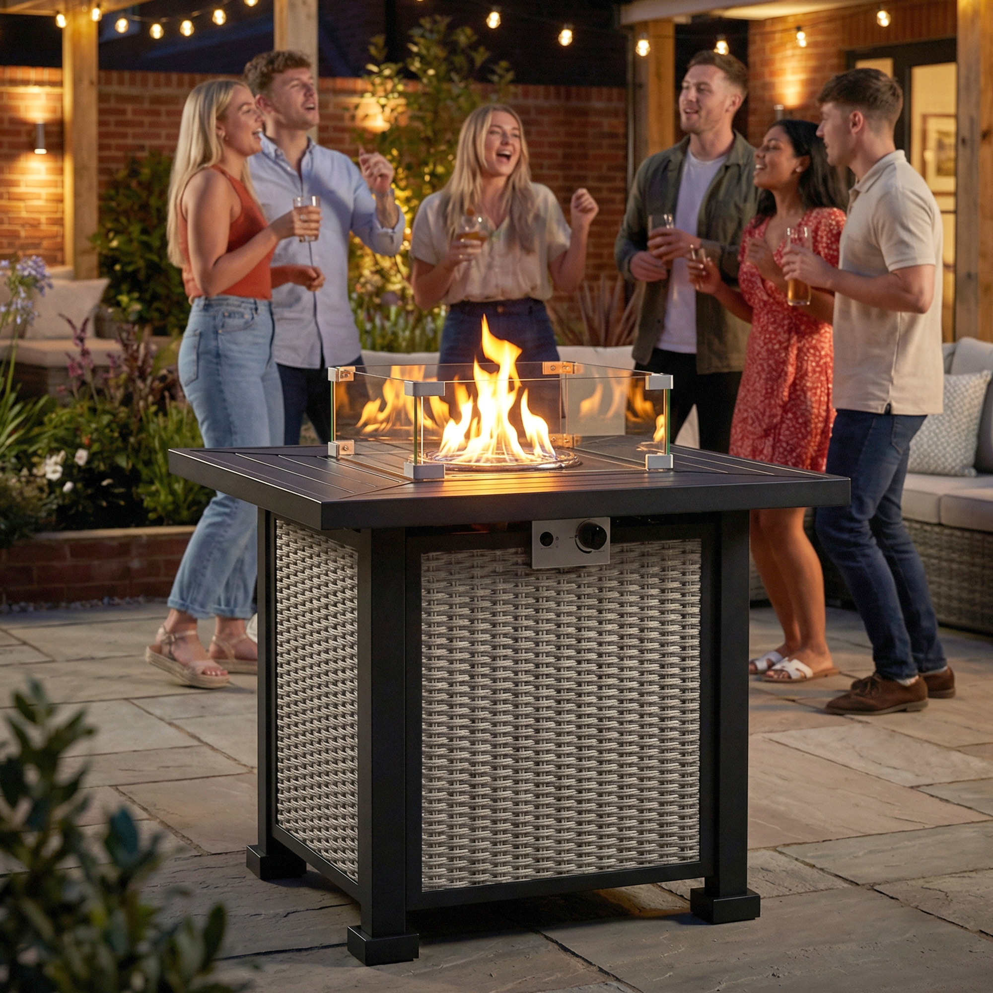 32" Propane Gas Fire Pit Table, 50,000 BTU Square Patio Table with Fire Pit, Wind Guard, Lid, CSA Certified, Grey - Image 6