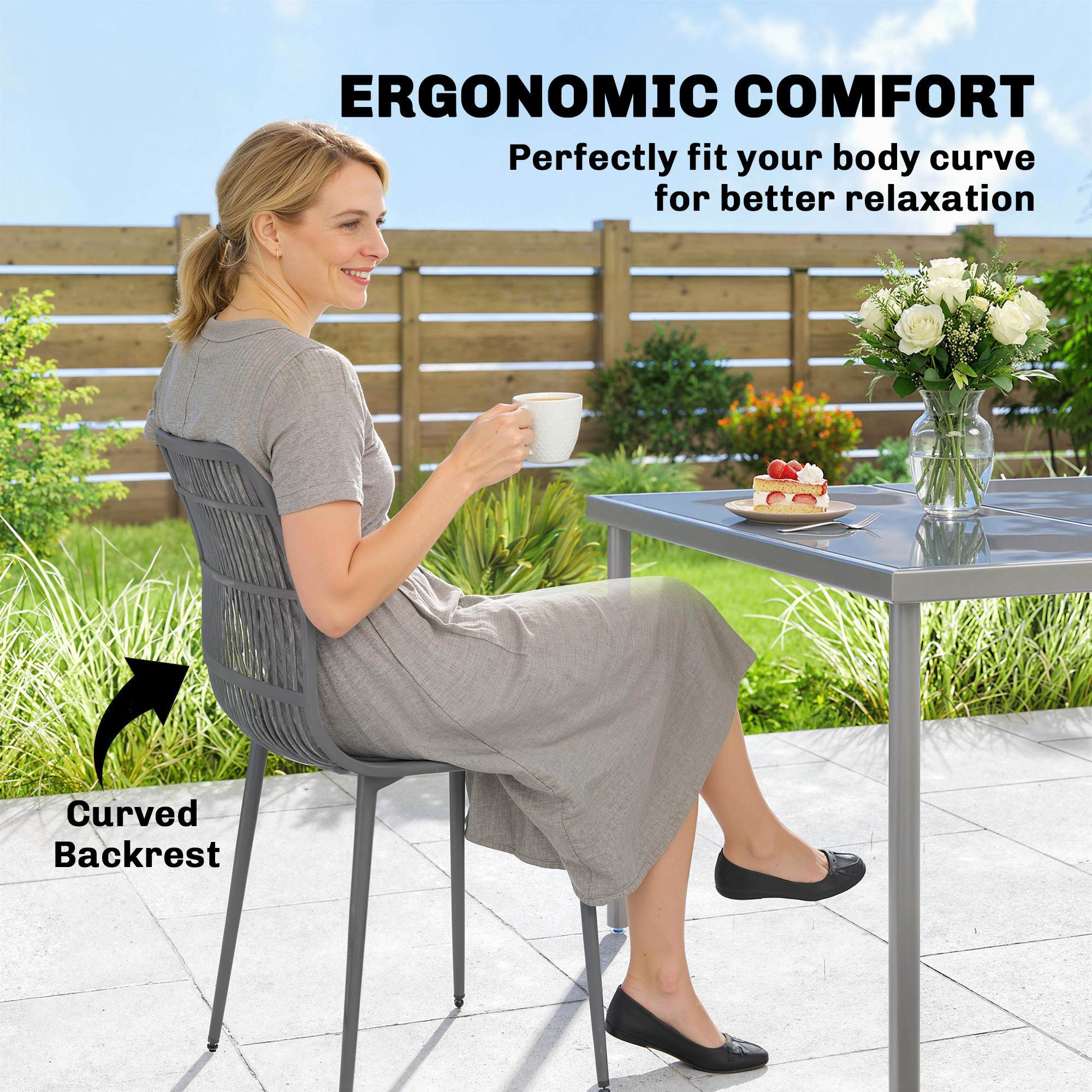 Outdoor Dining Chairs Set of 4, Patio Chairs with Slotted Backrest, Grey - Image 3