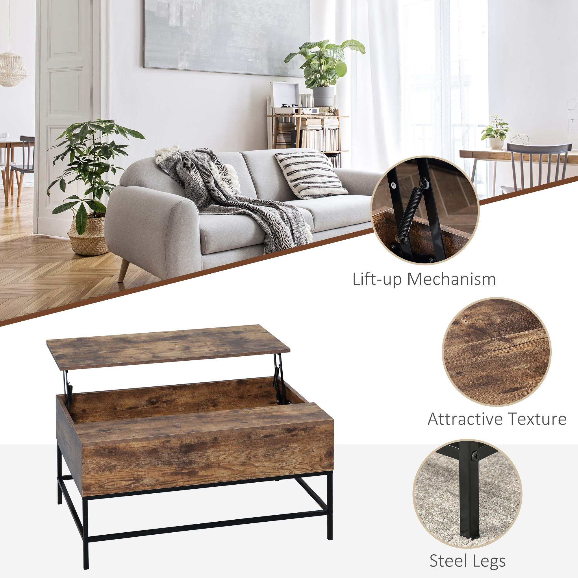 Lift Top Coffee Table with Hidden Storage Compartment Lift Tabletop Center Table for Living Room, Rustic Brown - Image 4