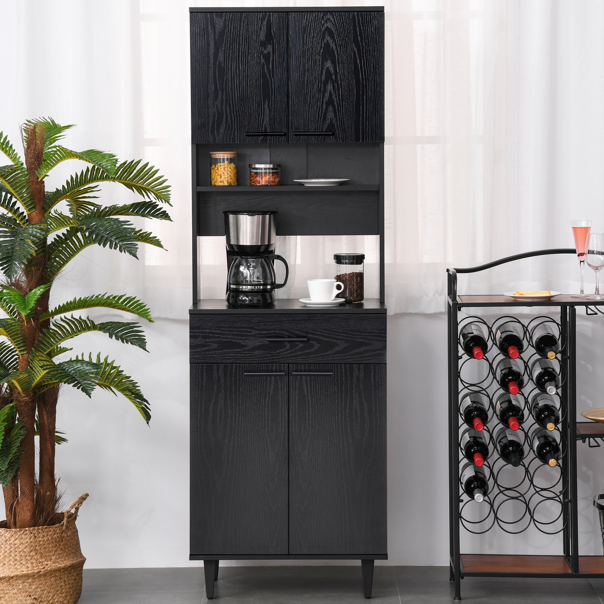 Modern Kitchen Buffet with Hutch Wooden Storage Cupboard with Microwave Counter 2 Cabinet and Drawer for Dining Room Living Room Black - Image 6