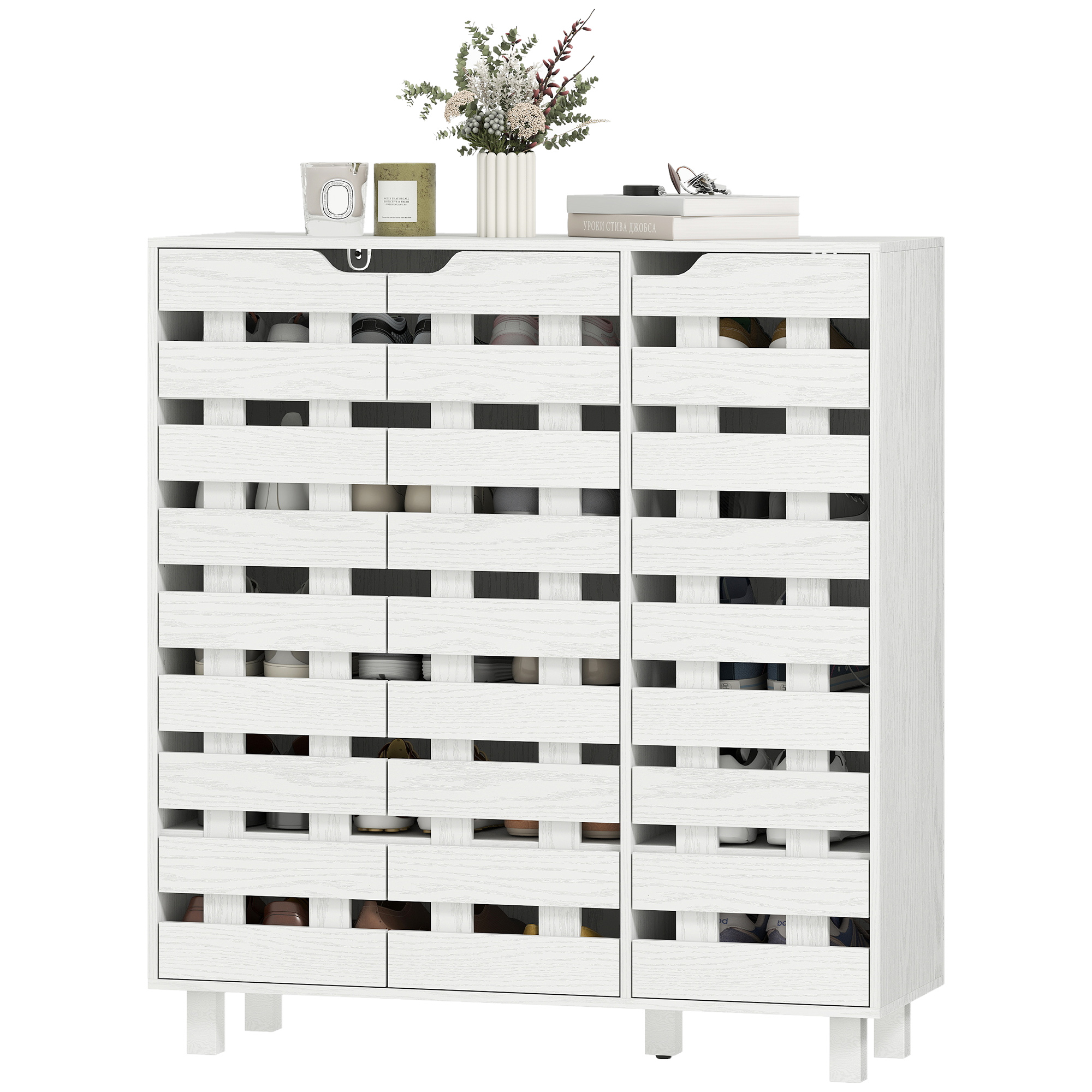 Shoe Cabinet, 20 Pair Shoe Storage Cabinet with Hollowed-Out Doors, White