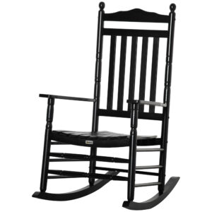 Wooden Outdoor Rocking Chair, Patio Rocking Chair with Slatted High Back and Armrests for Porch, Garden, Lawn, Black