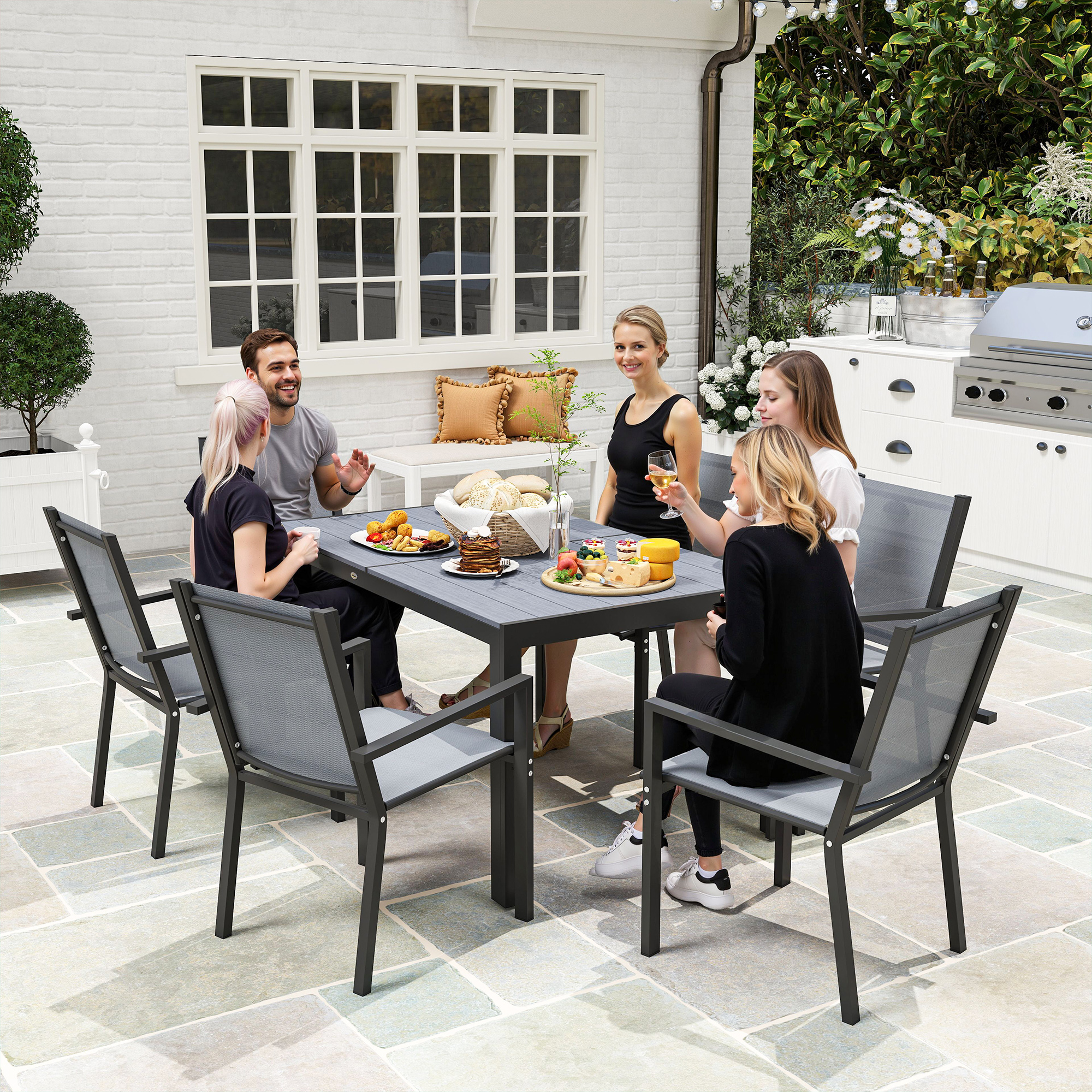 7 Piece Outdoor Dining Set with Rectangular Table and 6 Stackable Chairs, for Backyard, Lawn, Deck, Balcony, Pool Side - Image 5