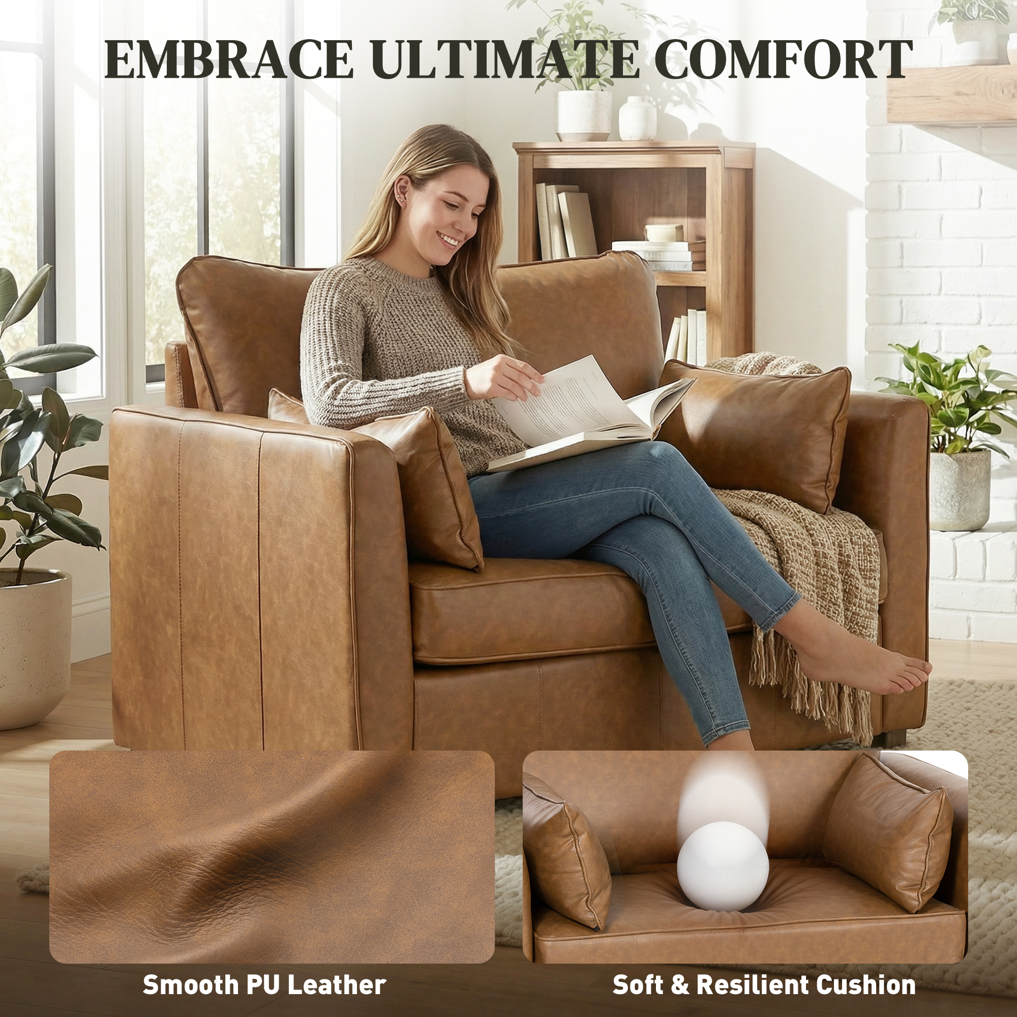 Accent Chair, PU Leather Armchair with Wide Seat, Spring Cushion, Rubberwood legs, 2 Pillows, Brown - Image 2