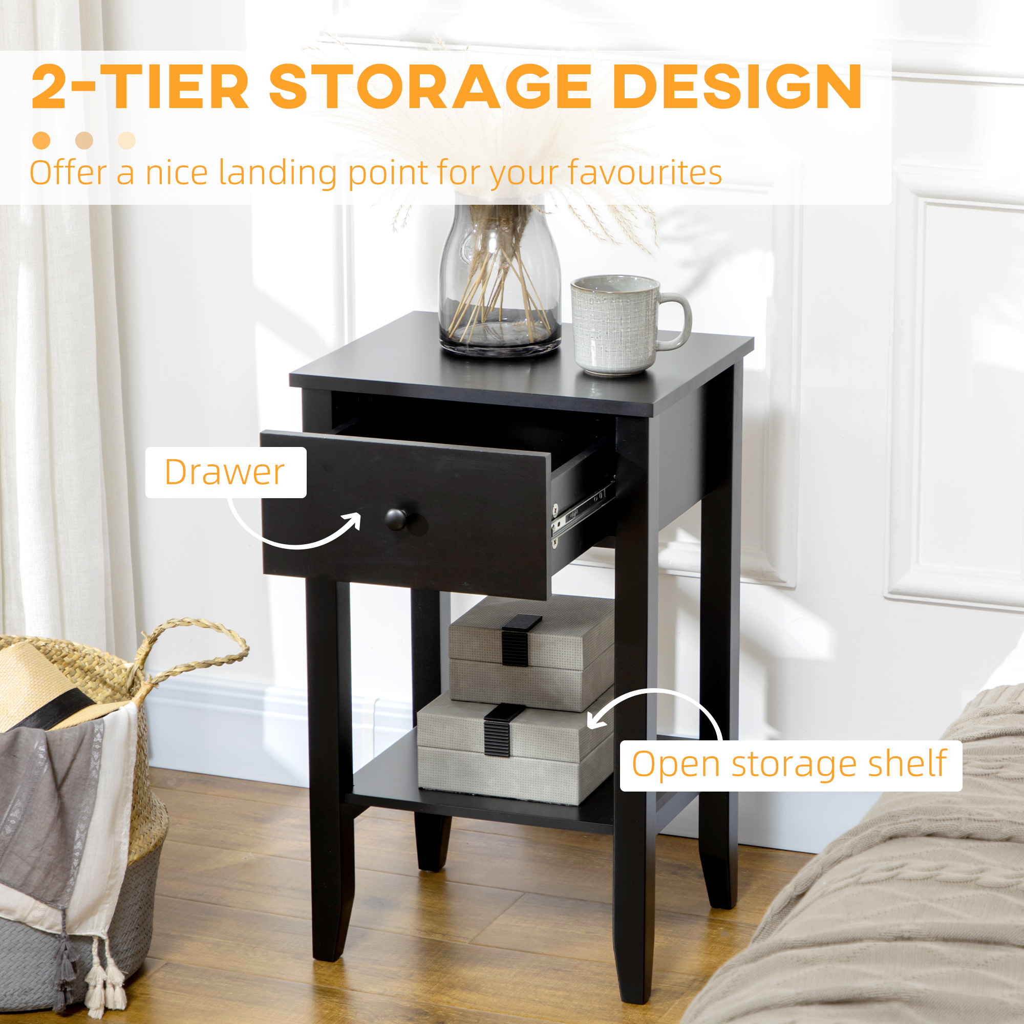 Side Table Set of 2, End Tables with Drawer and Bottom Shelf, 2-tier Nightstand for Bedroom, Living Room, Black - Image 2