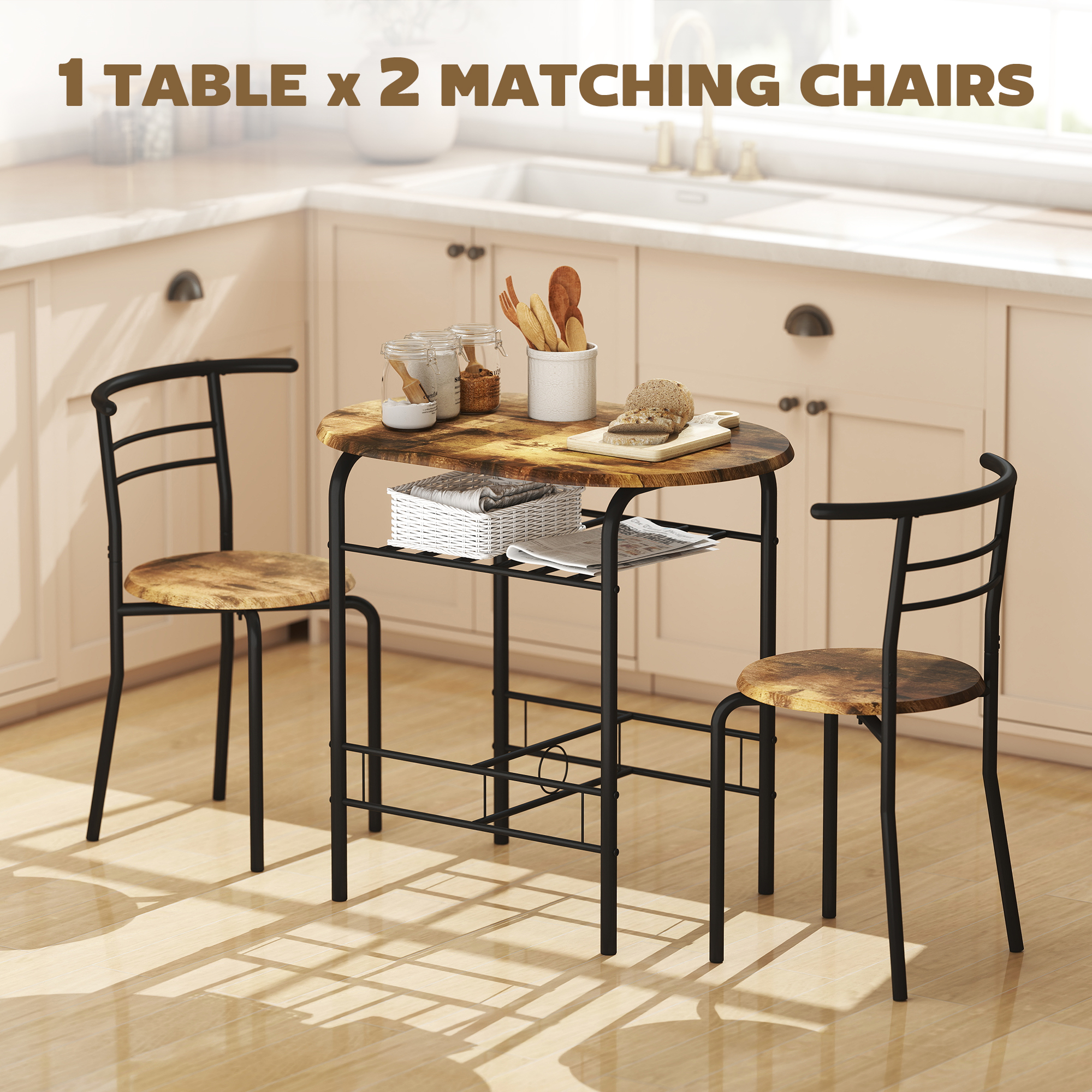 Dining Table Set of 3, Kitchen Table and Chairs Set for 2 with Shelf, Living Room Rustic Brown - Image 2