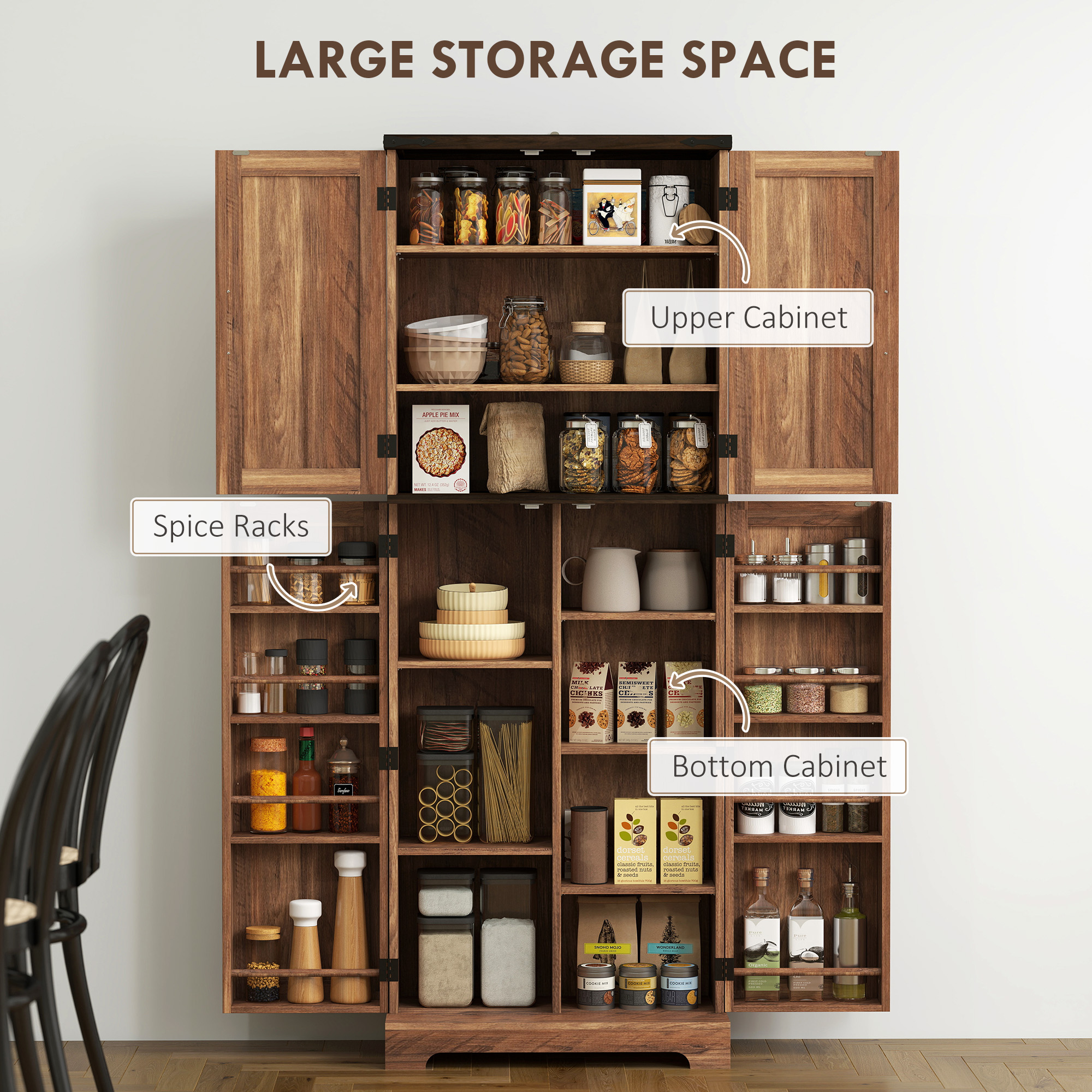 64" Tall Kitchen Pantry Cabinet with Spice Racks and Adjustable Shelves, Brown Wood Grain - Image 2