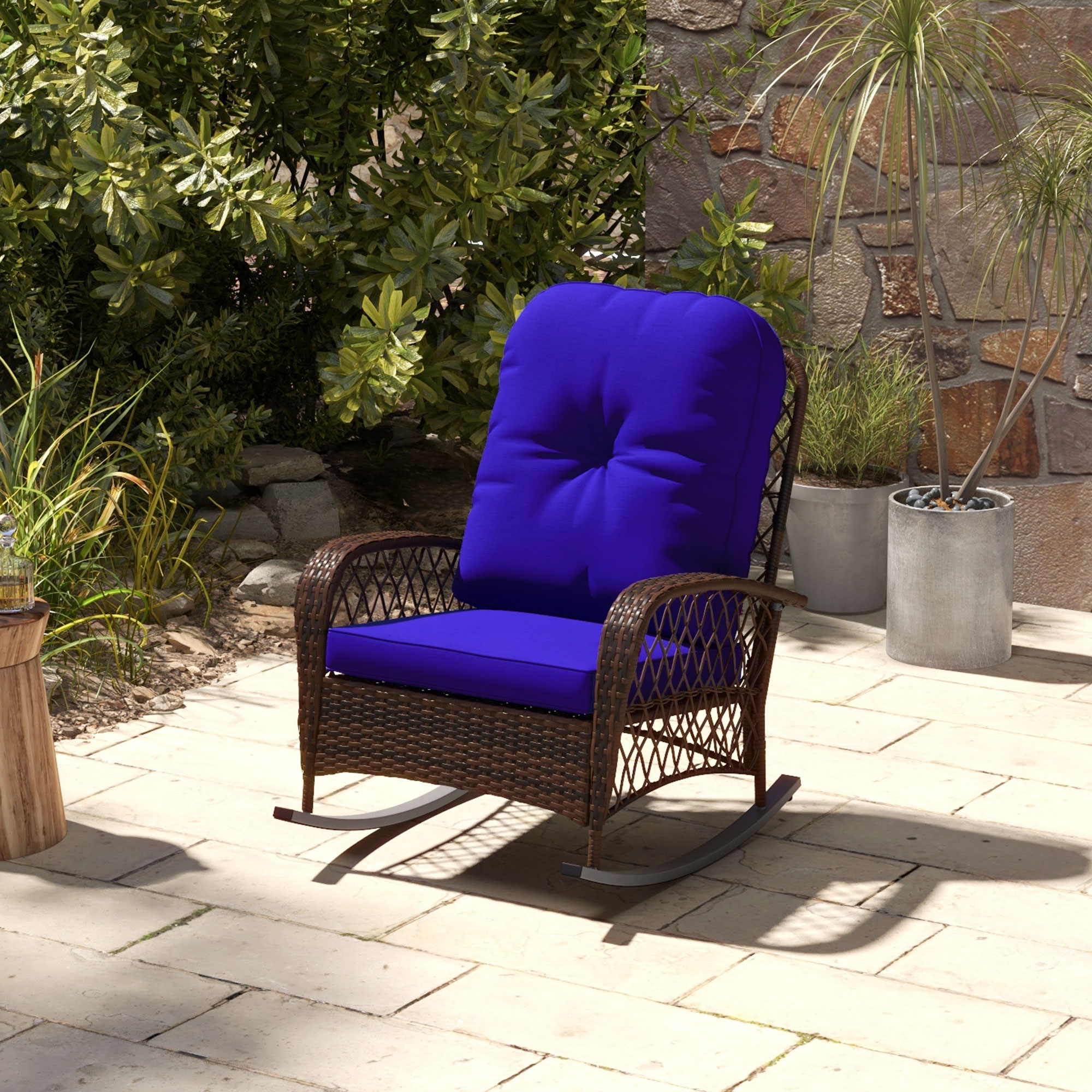 Outdoor Wicker Rattan Rocking Chair Patio Rocker with Thick Cushions for Garden Backyard Porch, Dark Blue - Image 6