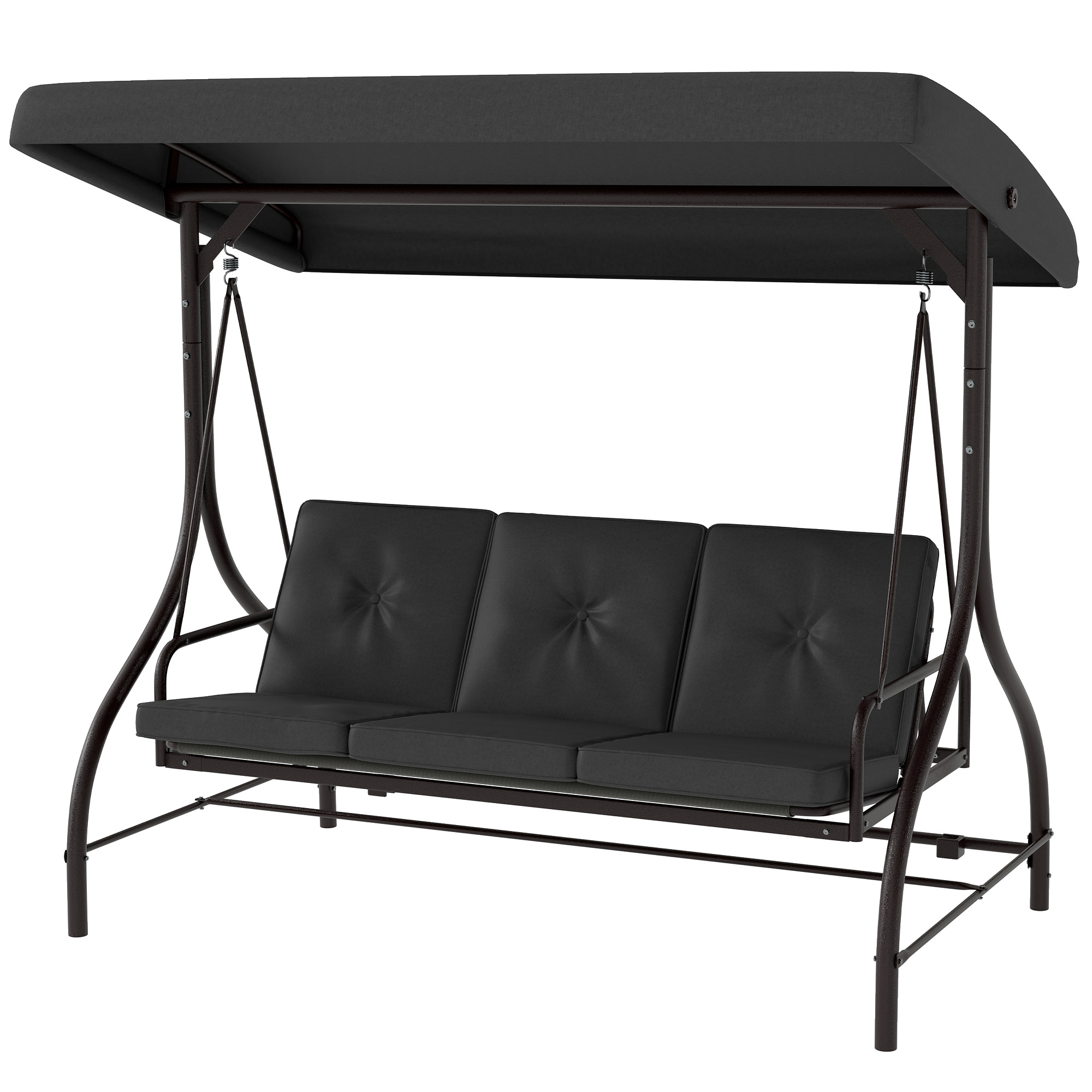 Convertible Patio Swing Bed with Canopy and Cushions, 3 Seater Porch Swing for Outdoor, Backyard, Garden, Dark Grey