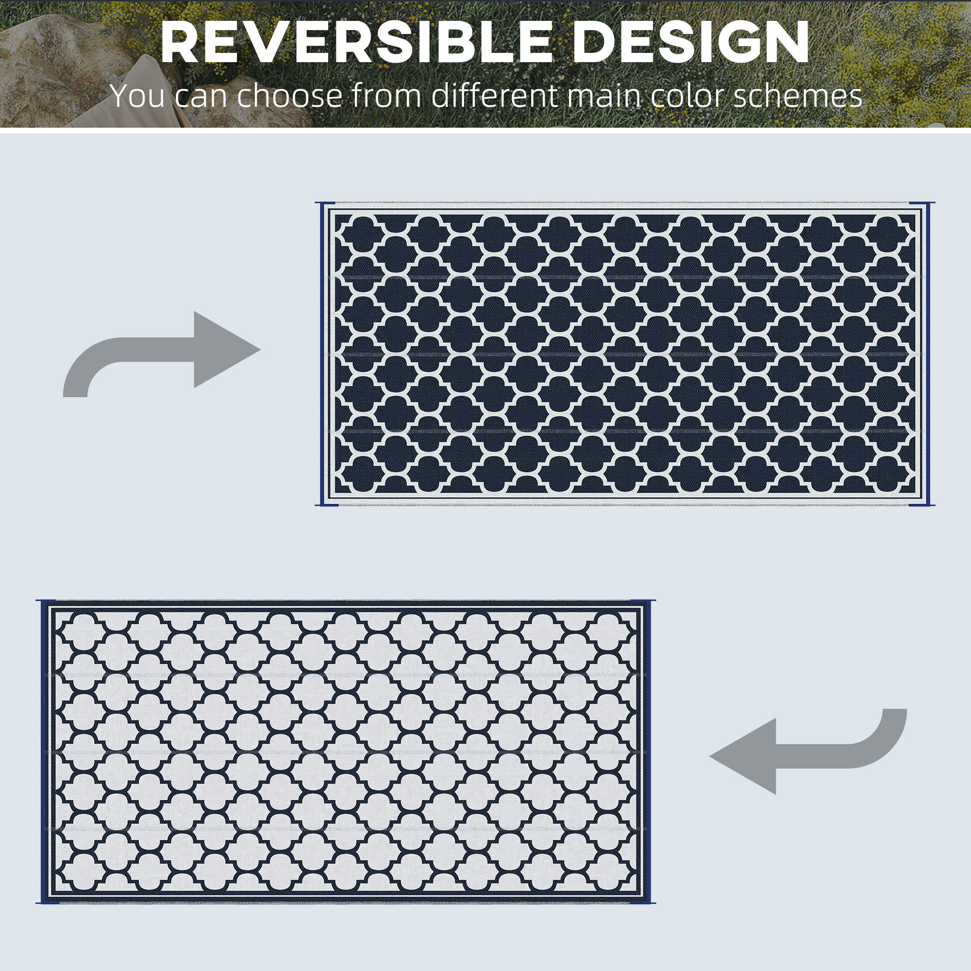 Reversible Outdoor RV Rug, 9' x 18' Patio Floor Mat, Plastic Straw Rug, Dark Blue and White - Image 4