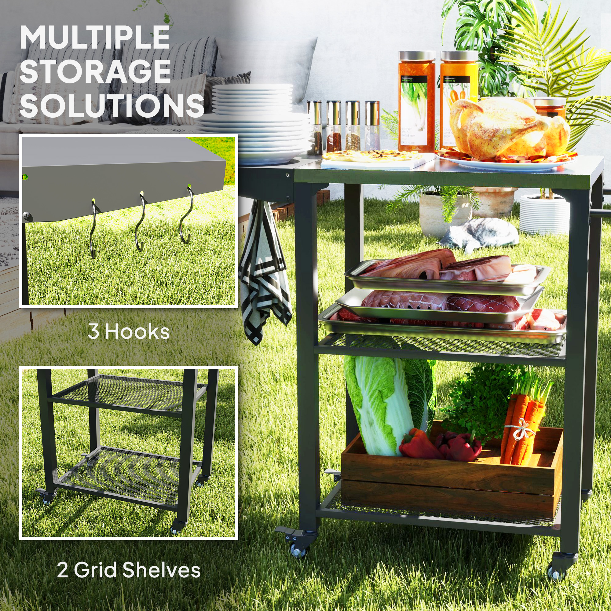 Outdoor Grill Cart w/ Foldable Side Table, 3-Tier Pizza Oven Stand w/ Stainless Steel Tabletop, Hooks, Wheels - Image 4