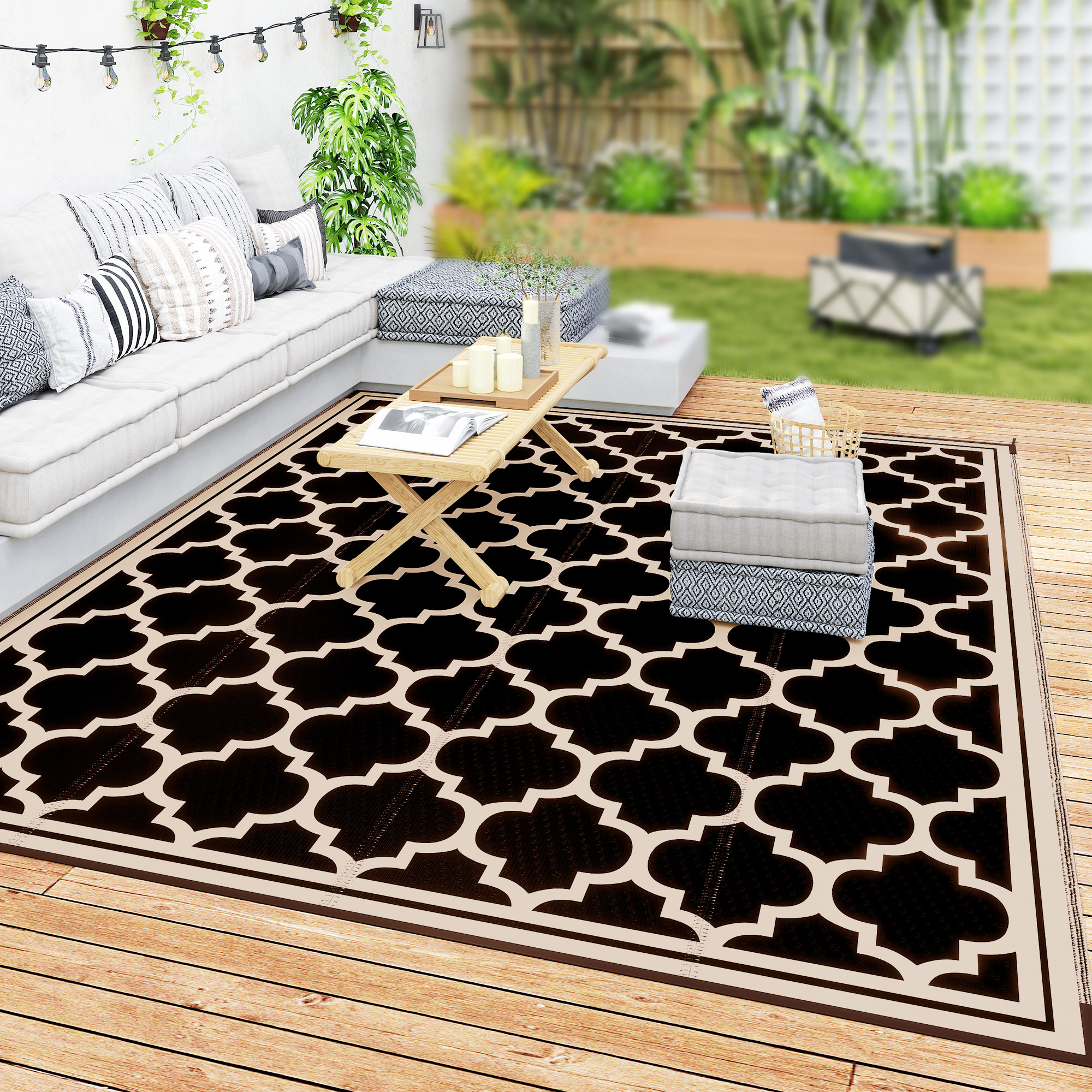 9'x12' Reversible Outdoor RV Rug, Patio Floor Mat, Plastic Straw Rug for Backyard, Deck, Beach, Camping, Black - Image 6