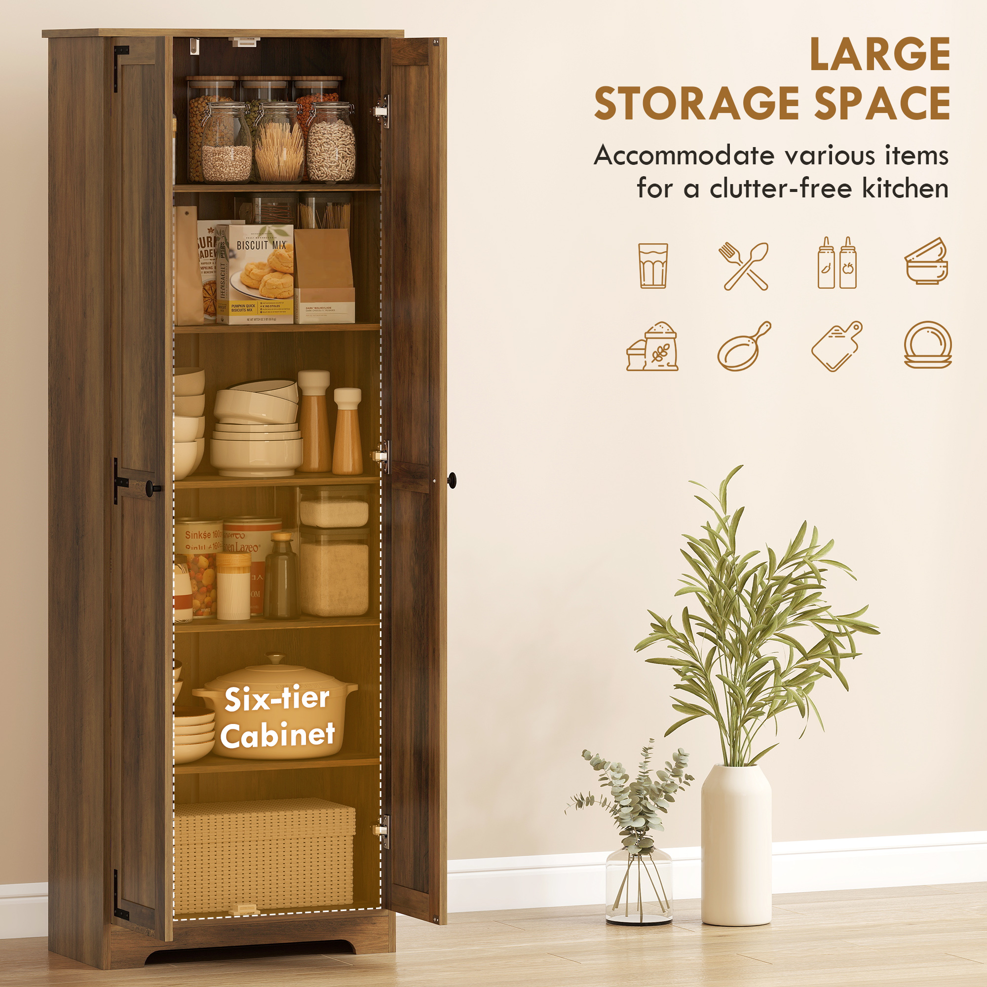 67" Farmhouse Pantry Cabinet with 2 Doors, Tall Storage Cabinet with Adjustable Shelves, Brown Wood Grain - Image 2