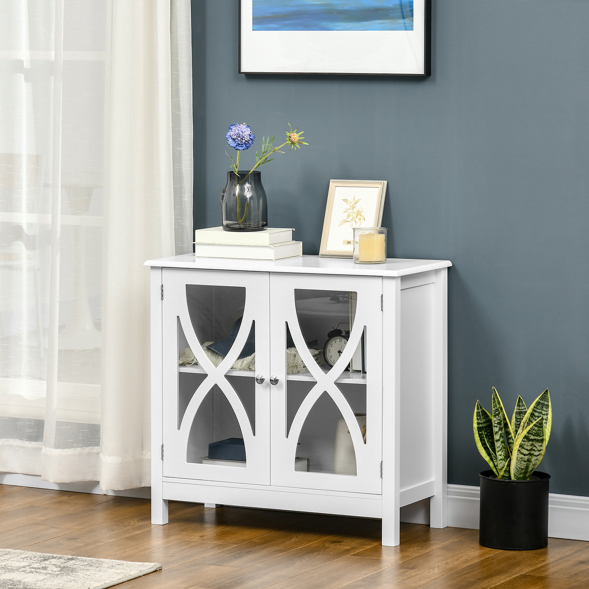 Kitchen Sideboard, Glass Door Buffet Cabinet, Bathroom Storage Cabinet with Adjustable Storage Shelf for Dining Room, Living Room, White - Image 6