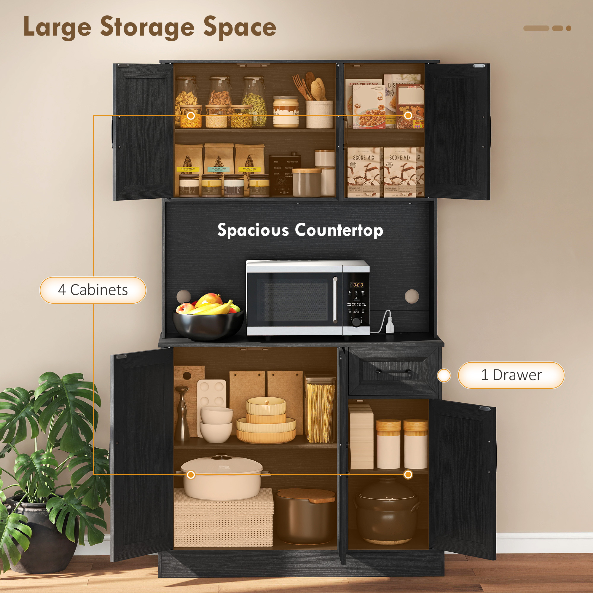 71" Pantry Cabinet with Charging Station, Kitchen Storage Cabinet with Microwave Stand, Adjustable Shelves, Black - Image 2