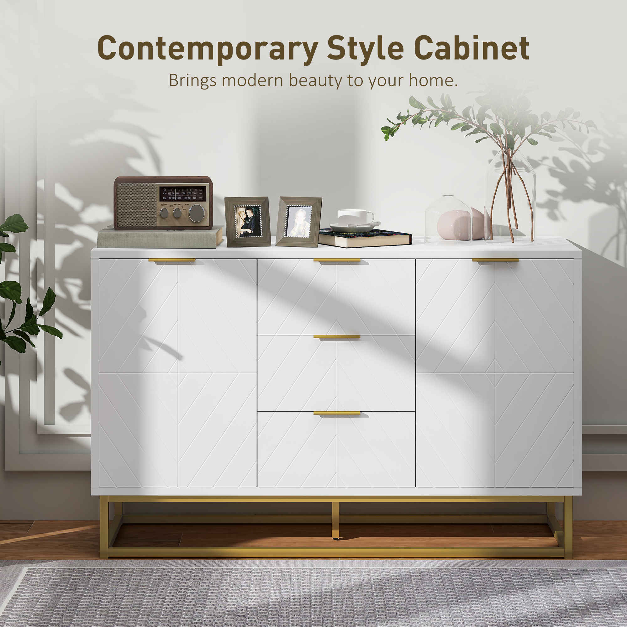 47" Storage Cabinet with Doors, Adjustable Shelves, 3 Drawers, Metal Legs for Kitchen Storage, Home Use, White - Image 2