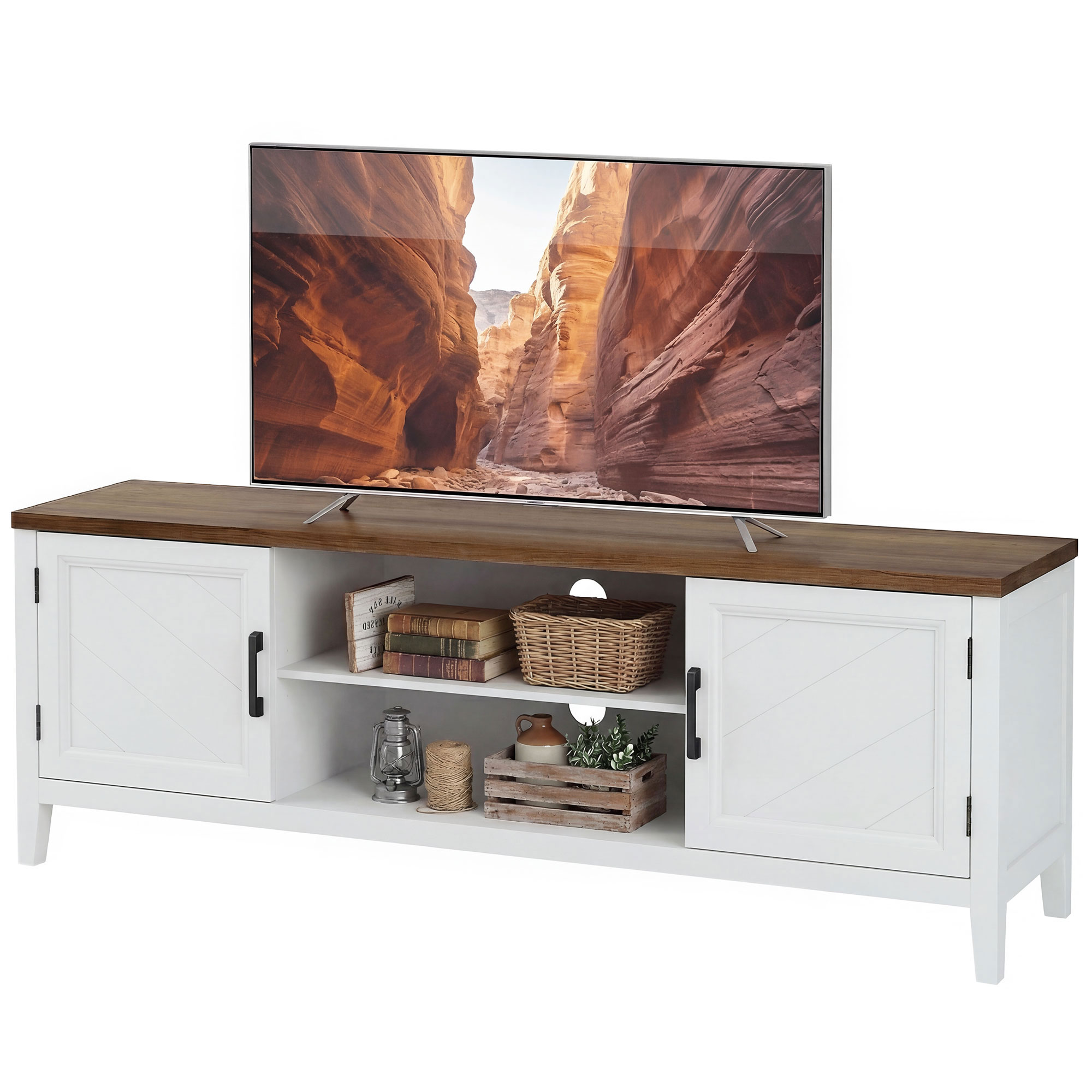 TV Stand for TVs up to 65 Inch, Entertainment Center with 2 Open Shelves, 2 Cabinets, Thick Top, White and Brown