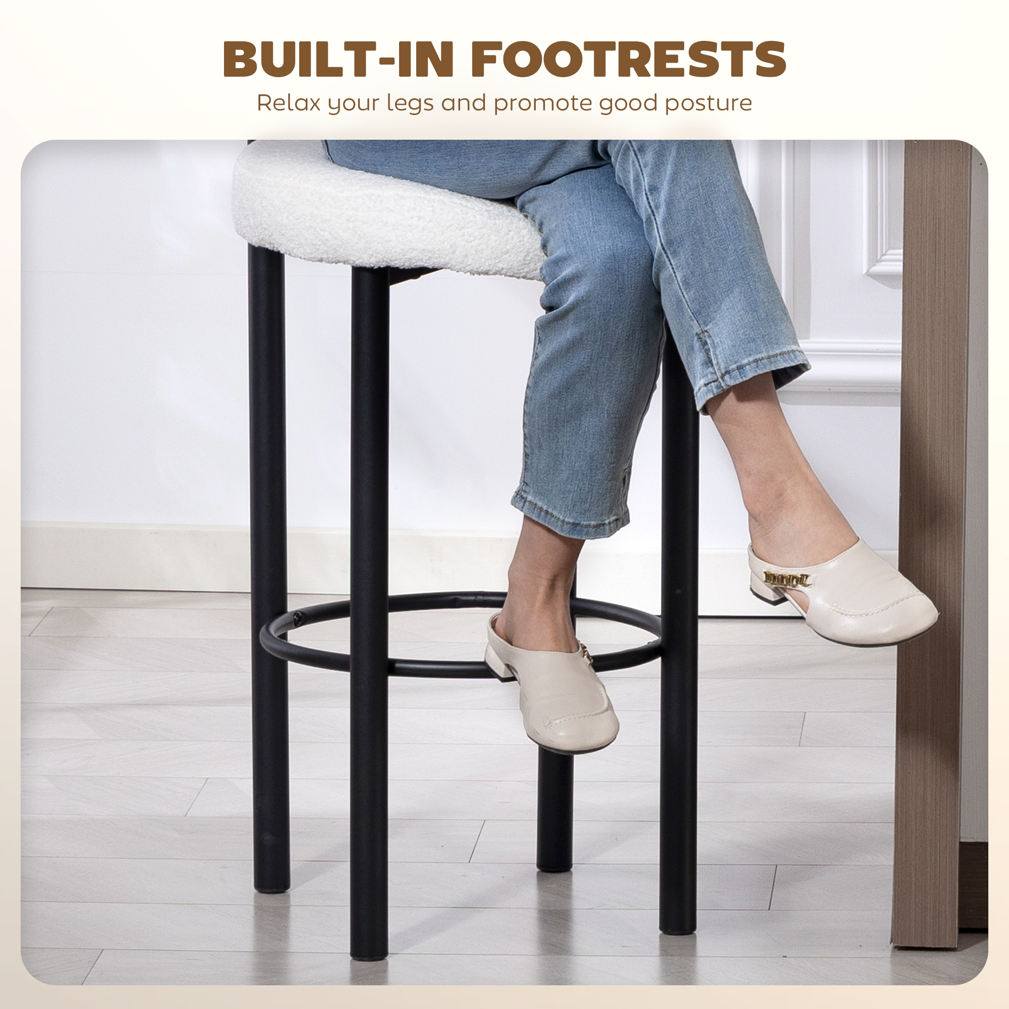 Bar Stools Set of 2, Sherpa Upholstered Barstools with Backrest, Bar Height Stools with Footrest for Kitchen Island - Image 5
