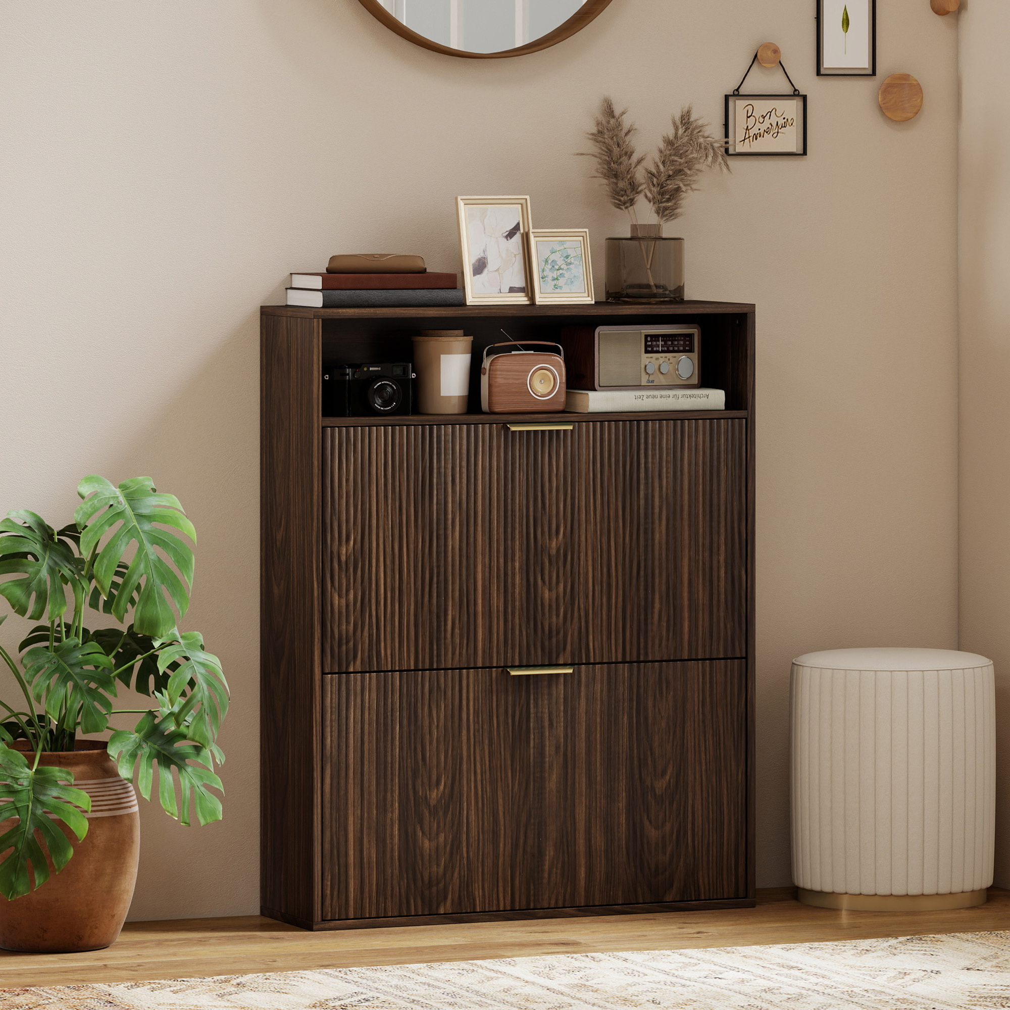 Shoe Cabinet with 2 Flip Drawers Narrow Shoe Storage Cabinet with Top Shelf for Entryway Hallway Coffee - Image 6