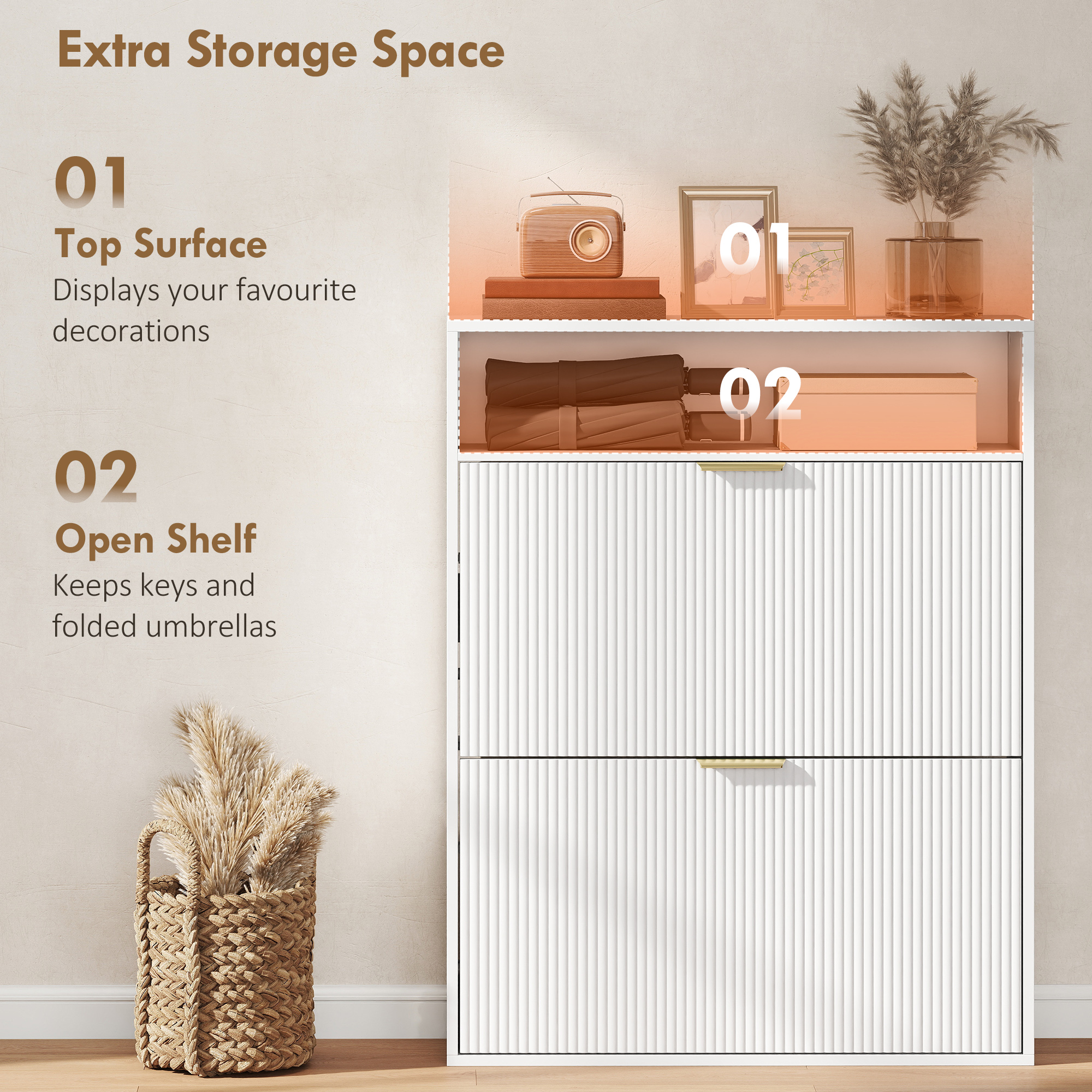 Shoe Cabinet with 2 Flip Drawers Narrow Shoe Storage Cabinet with Top Shelf for Entryway Hallway White - Image 5