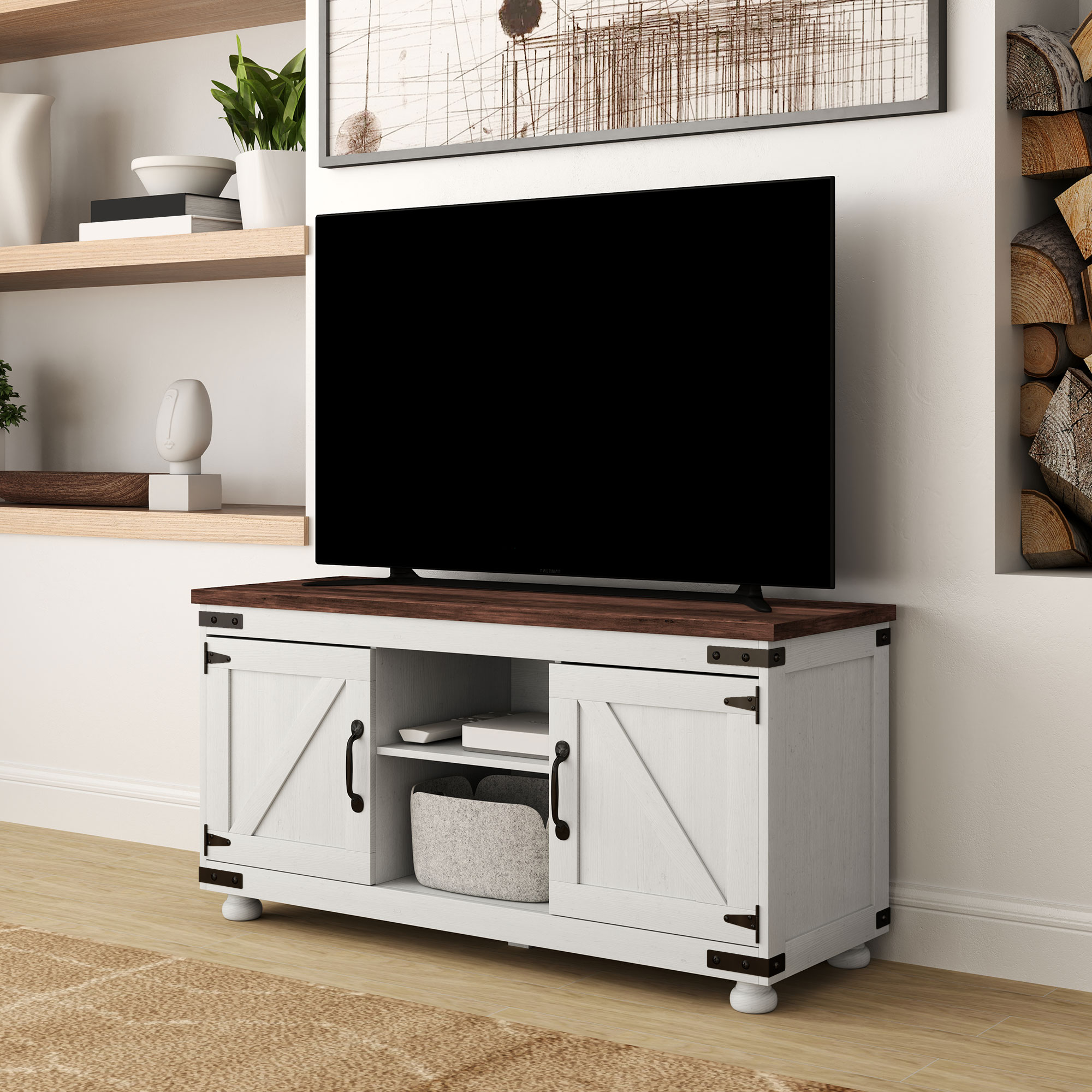 Farmhouse TV Stand for up to 50" TV, TV Cabinet with Barn Doors, Cable Management for Living Room, Distressed White - Image 6