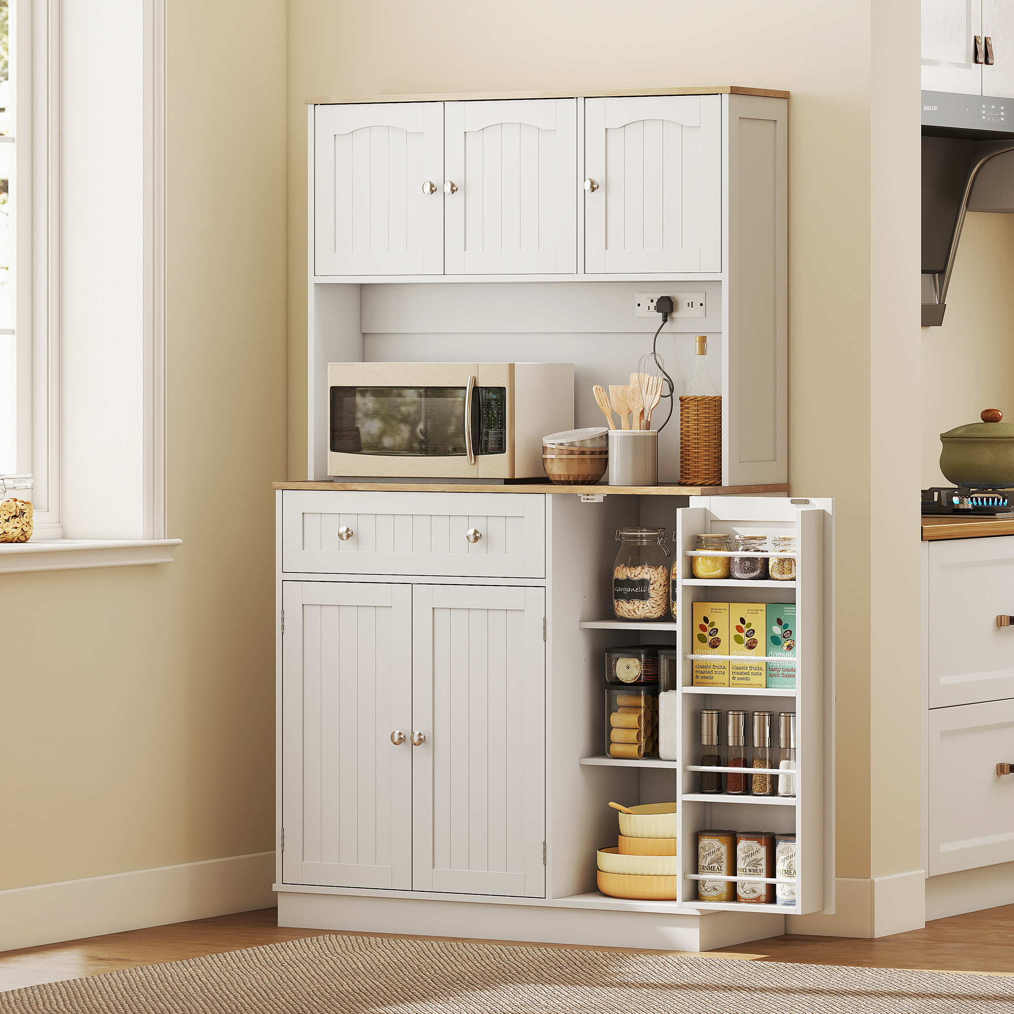 68" Pantry Cabinet with Charging Station, Kitchen Storage Cabinet with Microwave Stand, 4 Door Racks, White - Image 6