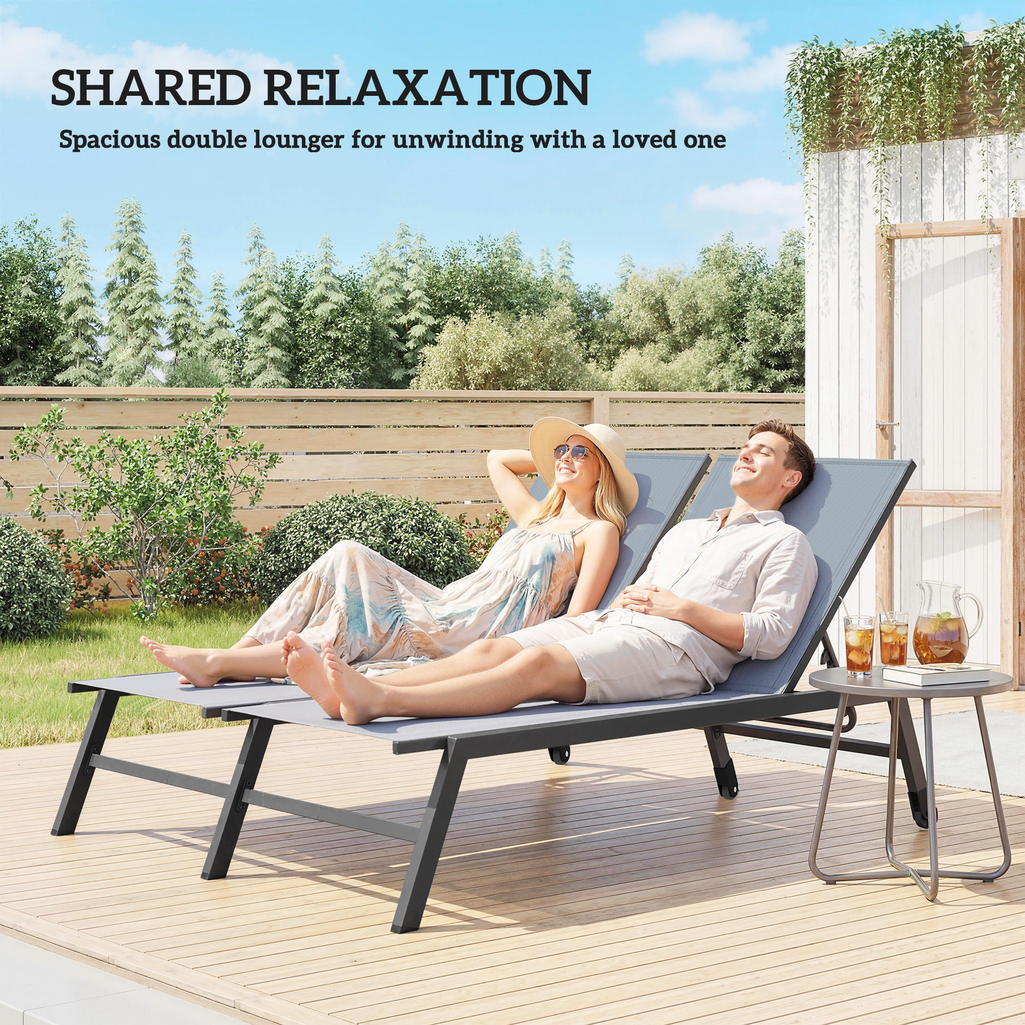 Chaise Lounge Chair for 2 Person, Outdoor Lounge Chair with 5-Position Adjustable and Wheels - Image 2