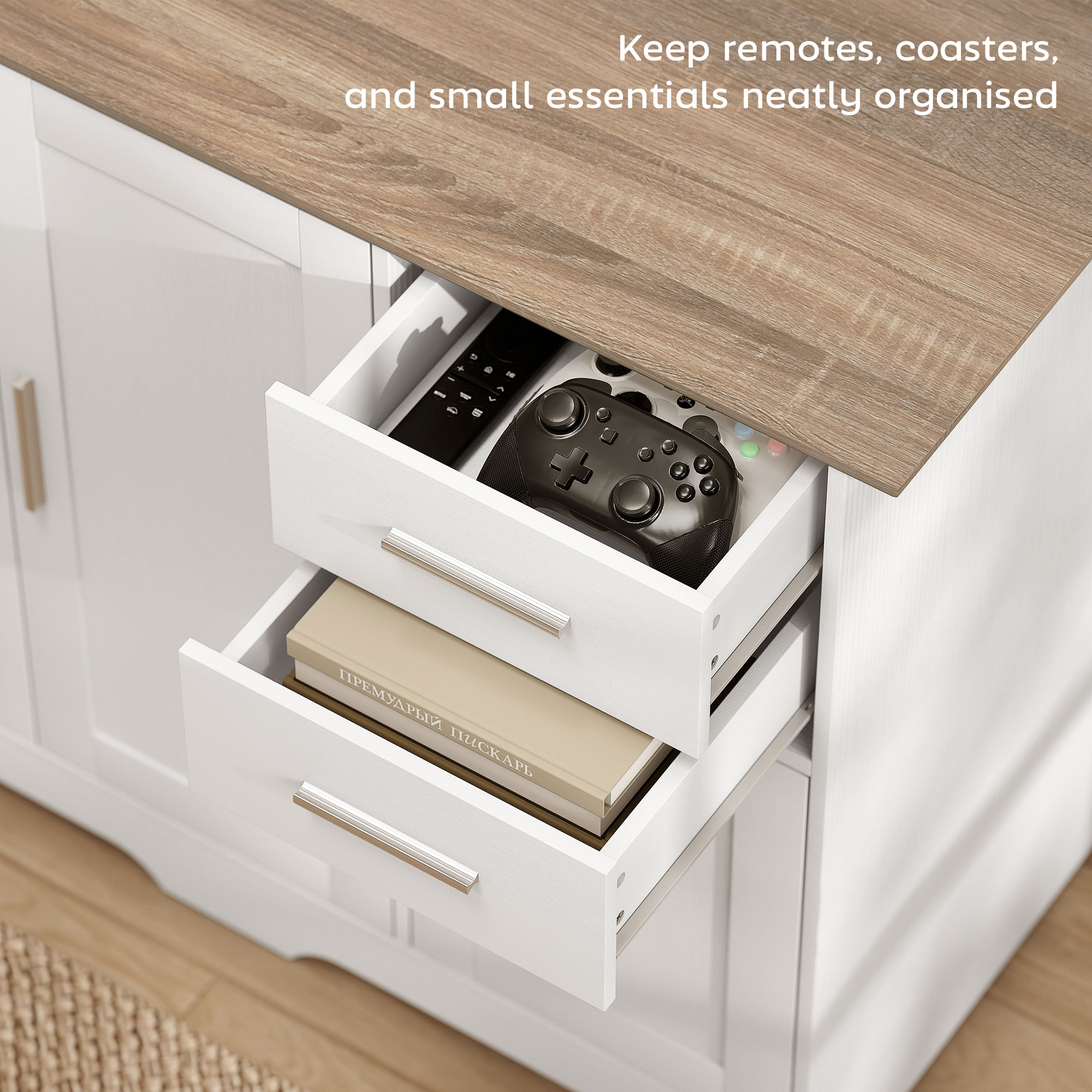 40" Sideboard Buffet Cabinet, Modern Kitchen Storage Cabinet with 2 Drawers, 3 Doors & Adjustable Shelf, White - Image 3