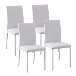 Modern Dining Chairs Set of 4, Upholstered Faux Leather Kitchen Chairs with Rhombic Tufting and Metal Legs for Living Room, White