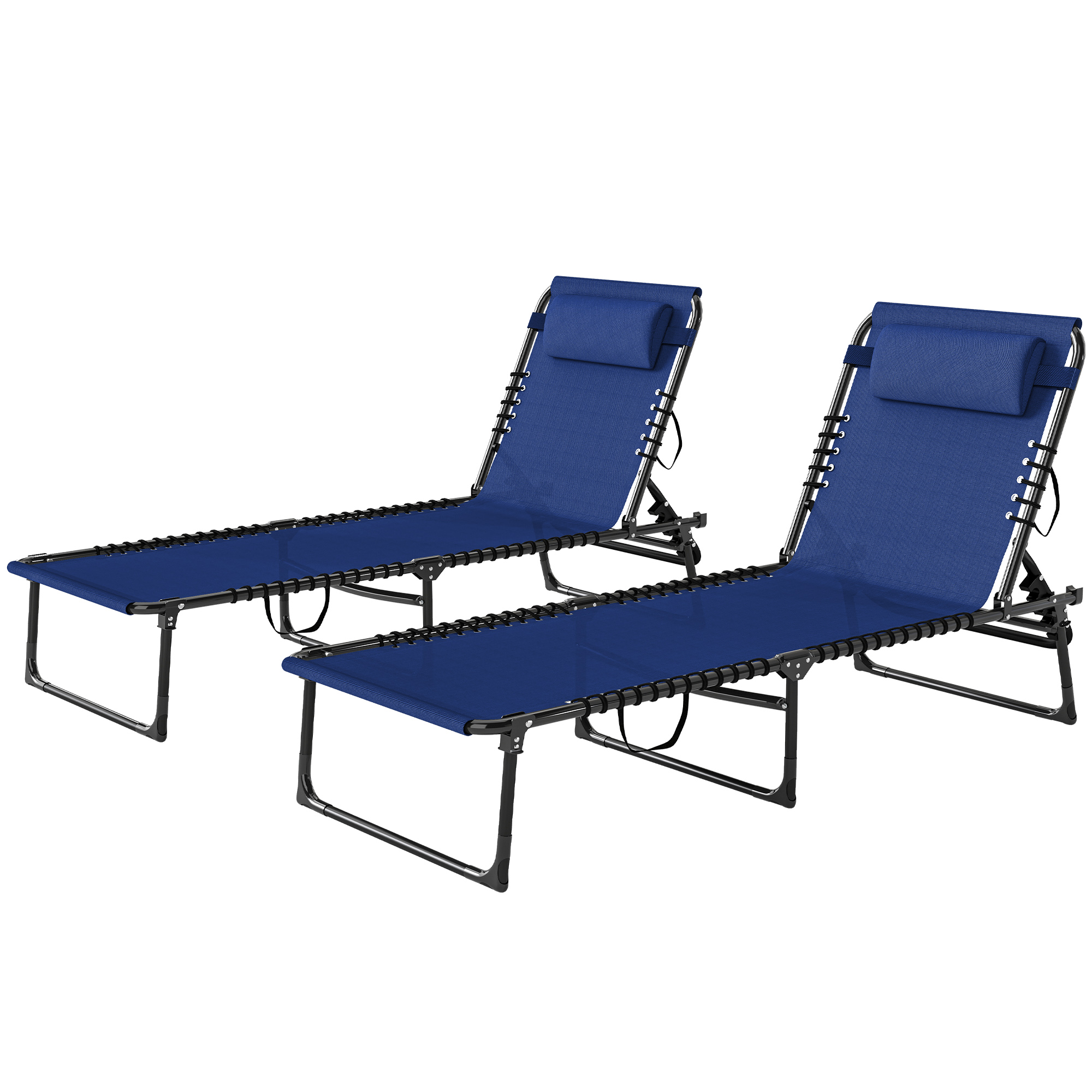 2 PCs Folding Lounge Chairs, Adjustable Chaise Lounge with Headrest, Reclining Lounger Cot for Camping, Hiking, Blue