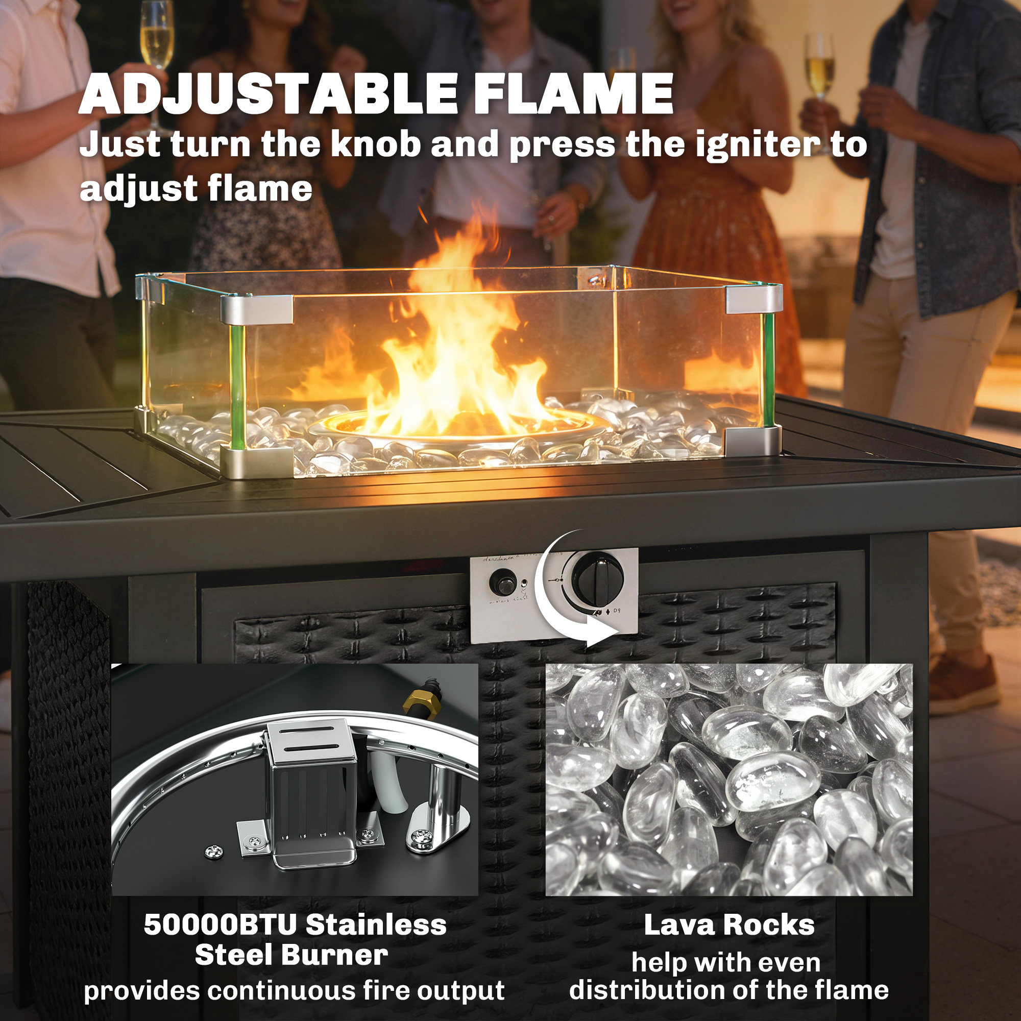 32" Propane Gas Fire Pit Table, 50,000 BTU Square Patio Table with Fire Pit, Wind Guard, Lid, CSA Certified, Black - Image 4