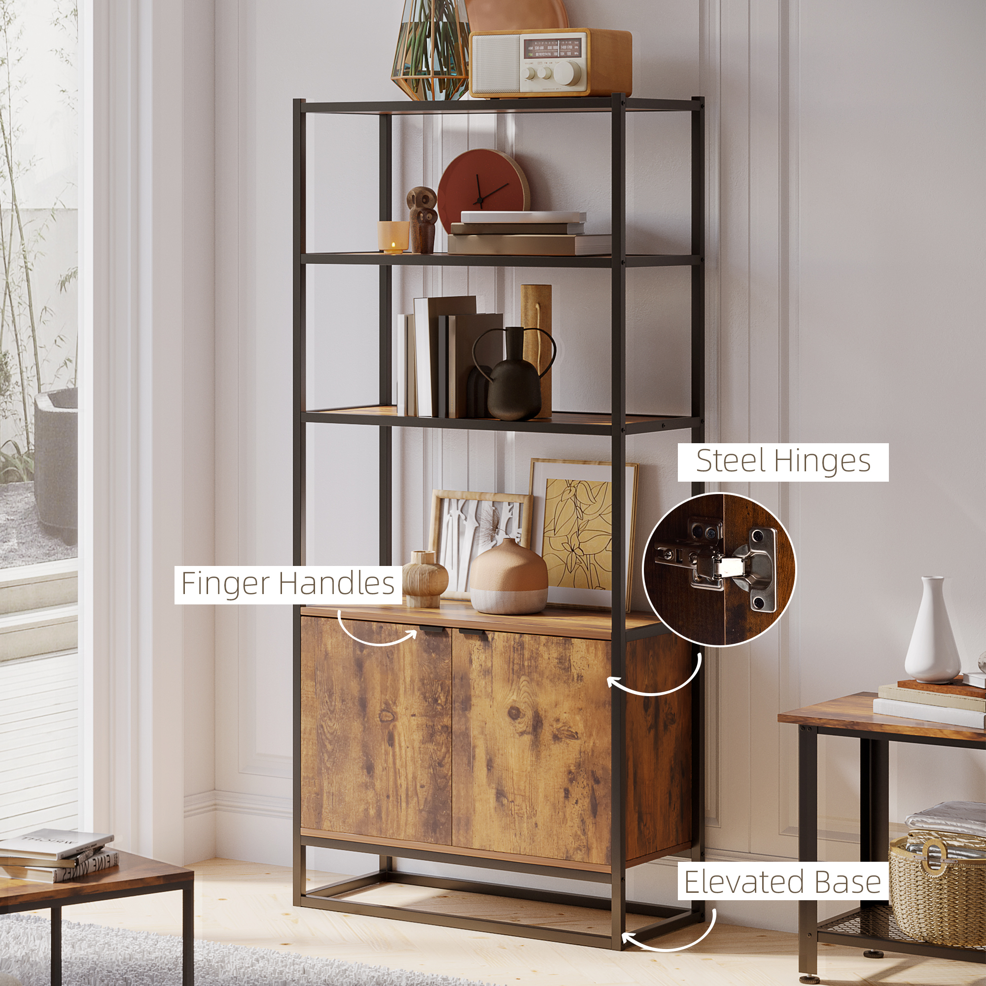 Storage Cabinet with 3 Open Shelves Cupboard Freestanding Tall Organizer Multifunctional Rack for Livingroom Bedroom Kitchen Rustic Brown - Image 4