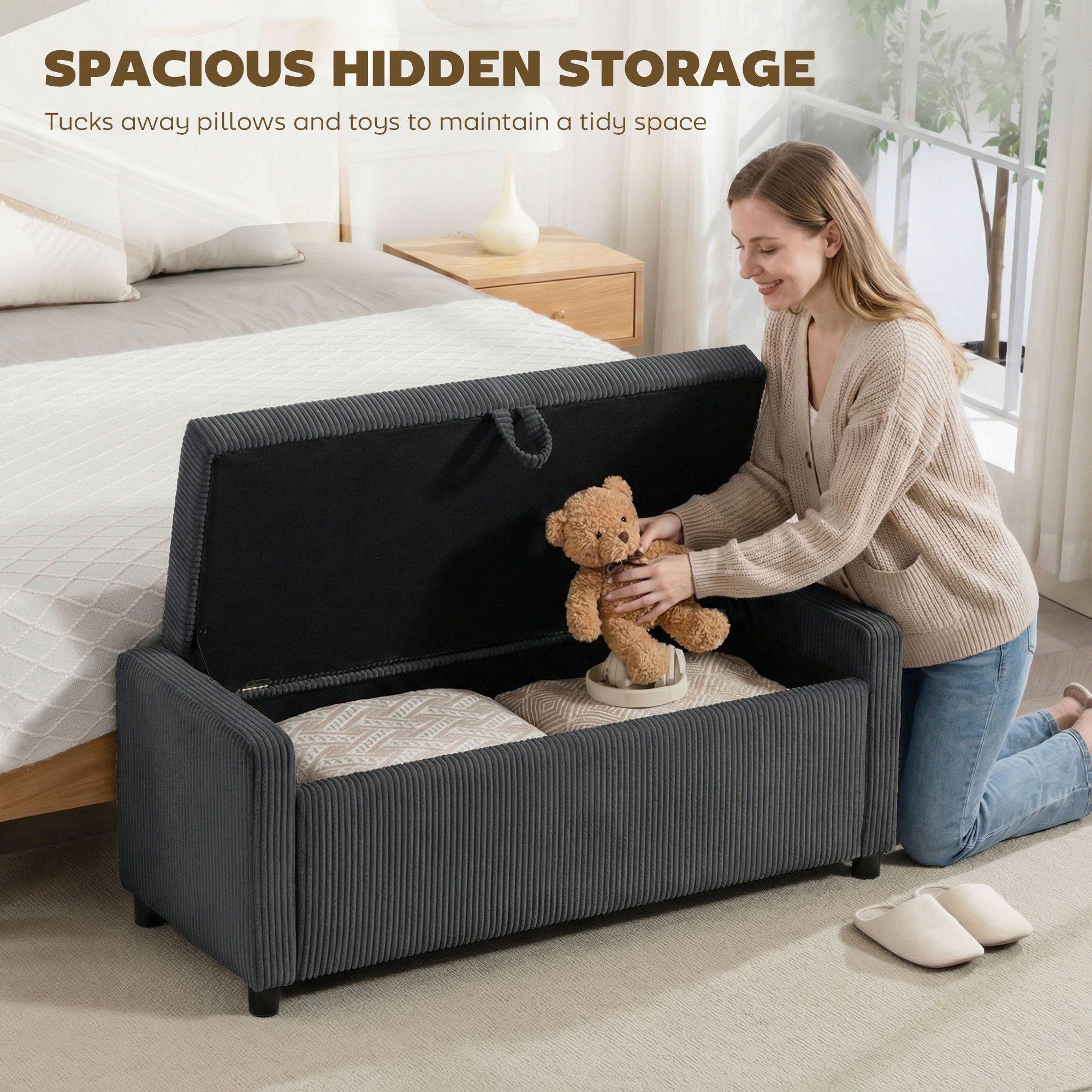 Storage Ottoman, Upholstered Corduroy End of Bed Bench with Thick Padding, Storage Bench for Bedroom, Dark Grey - Image 2