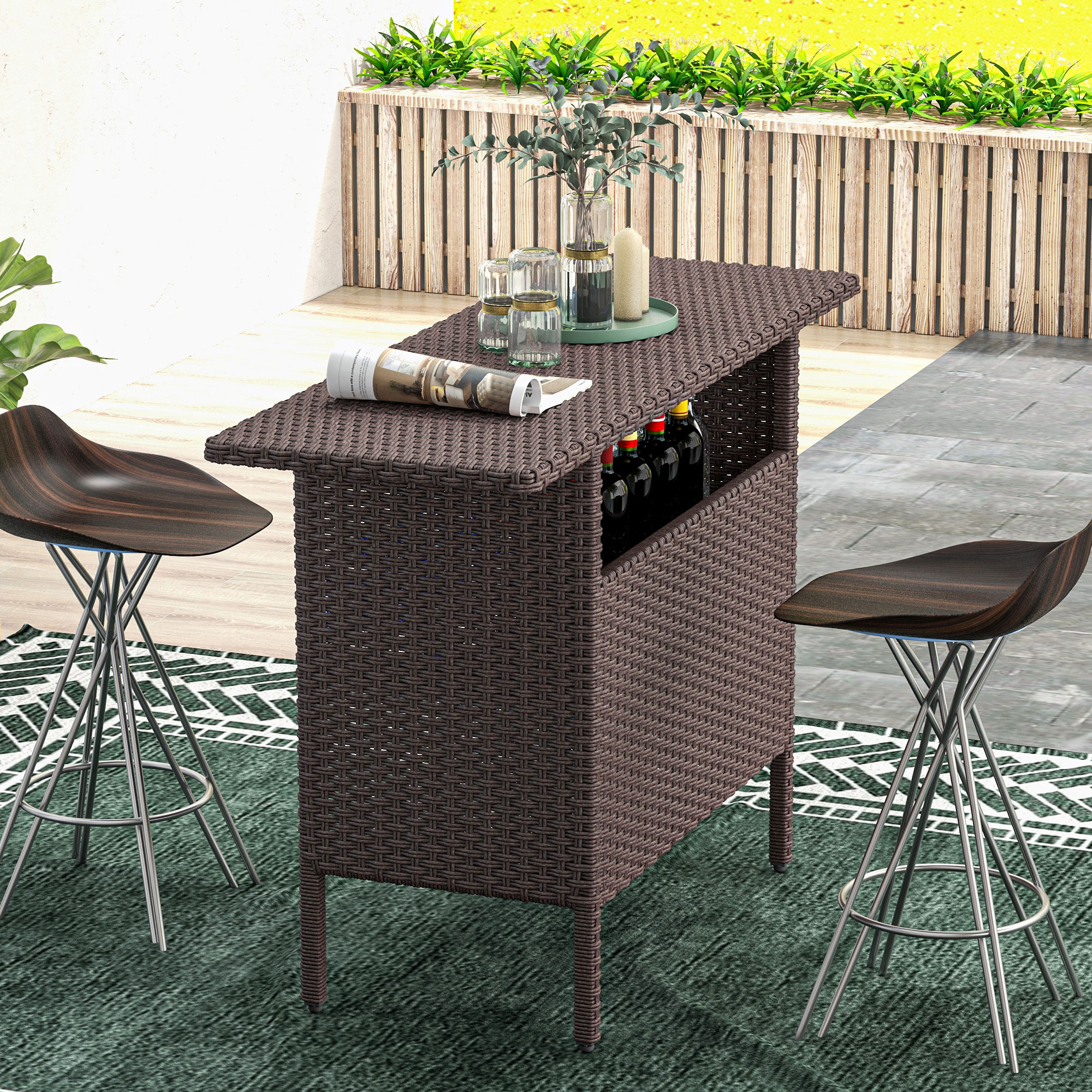 Bar Height Outdoor Rattan Table, Patio Wicker Bar Table with 2 Storage Shelves, 55.1" x 18.5" x 37", Brown - Image 6