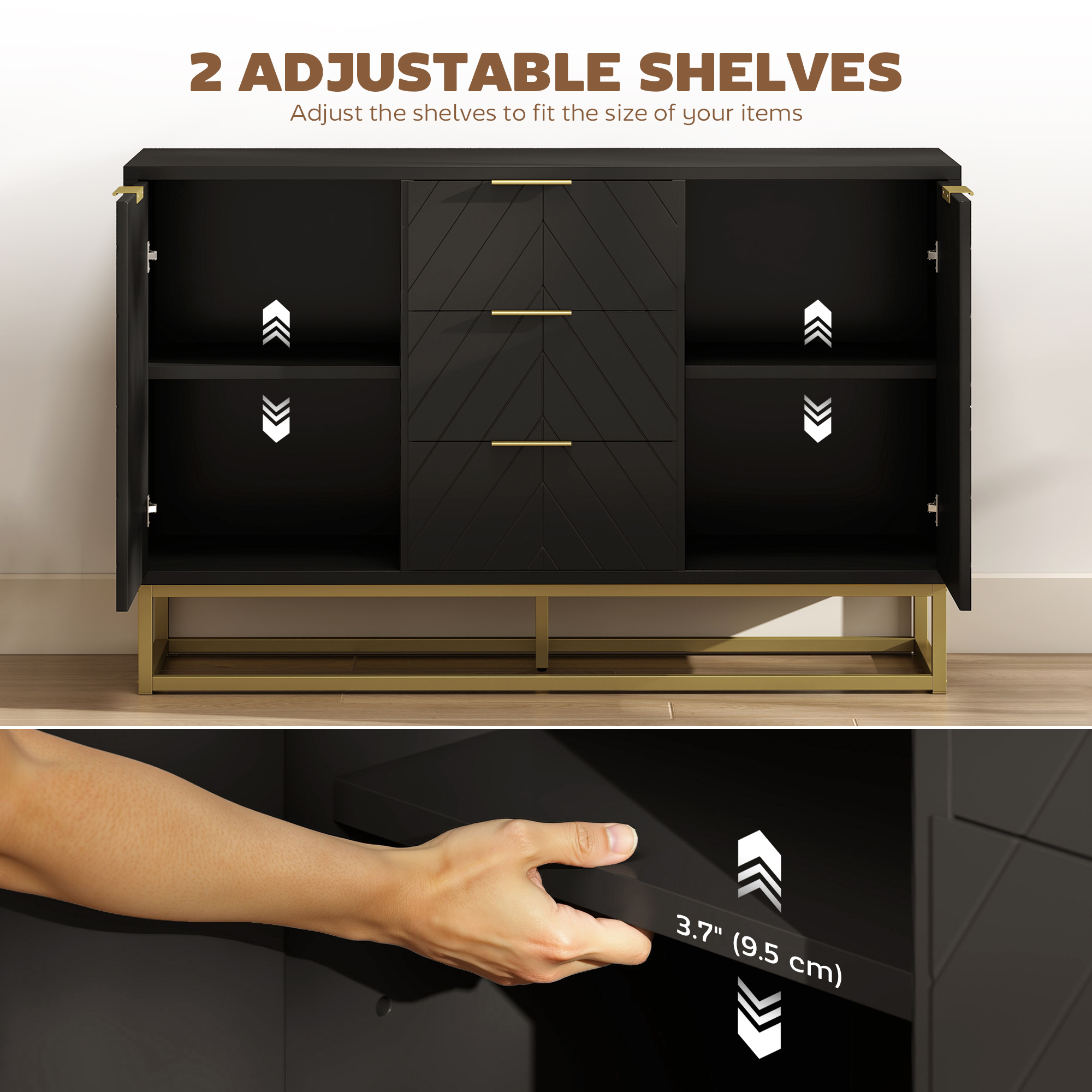 Sideboard Storage Cabinet with 3 Drawers, Adjustable Shelves and Doors, Kitchen Buffet Cabinet for Dining Room, Black - Image 4