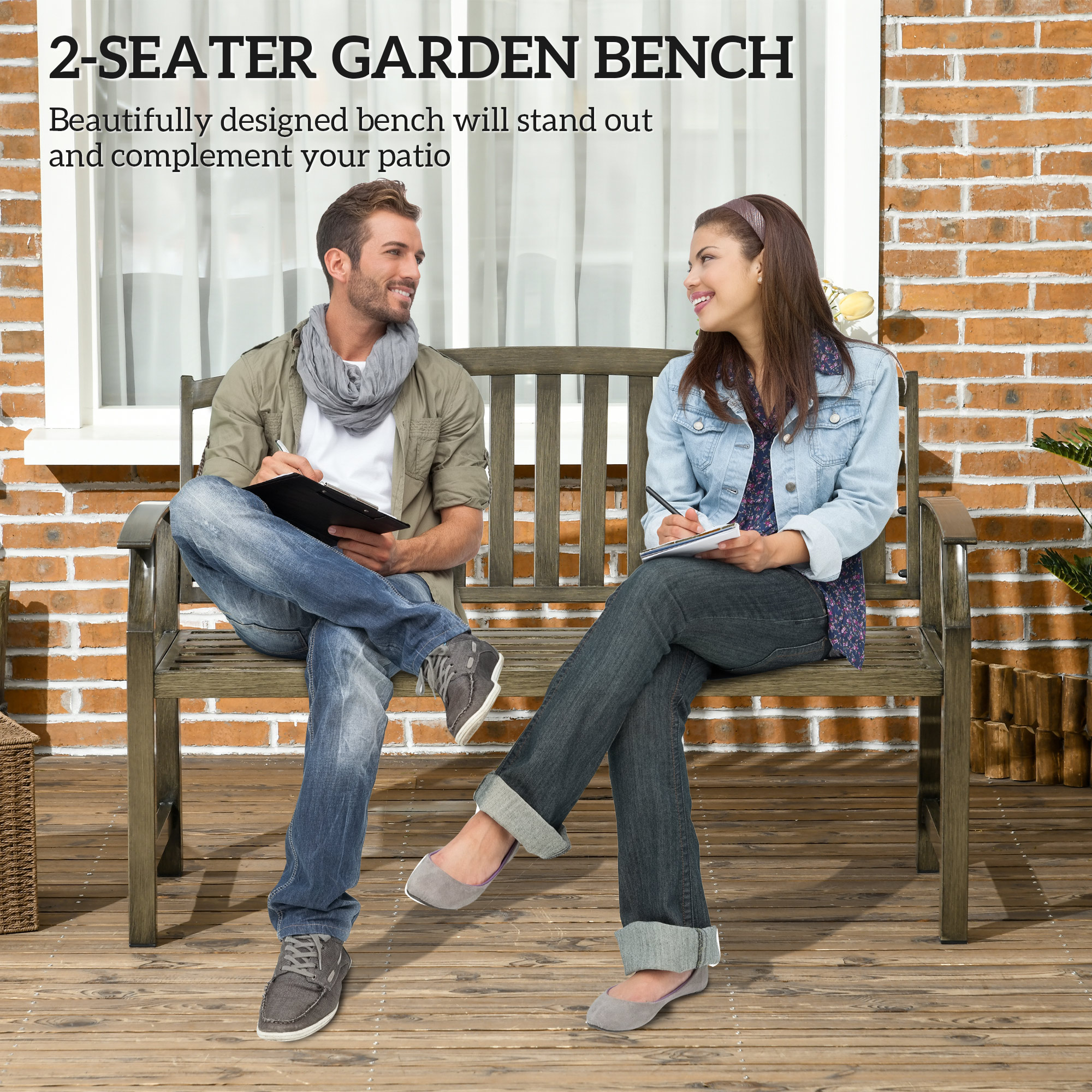 Outdoor Garden Bench, Metal Bench, Wood Look Slatted Frame Furniture for Patio, Park, Porch, Lawn, Yard, Deck, Black - Image 2