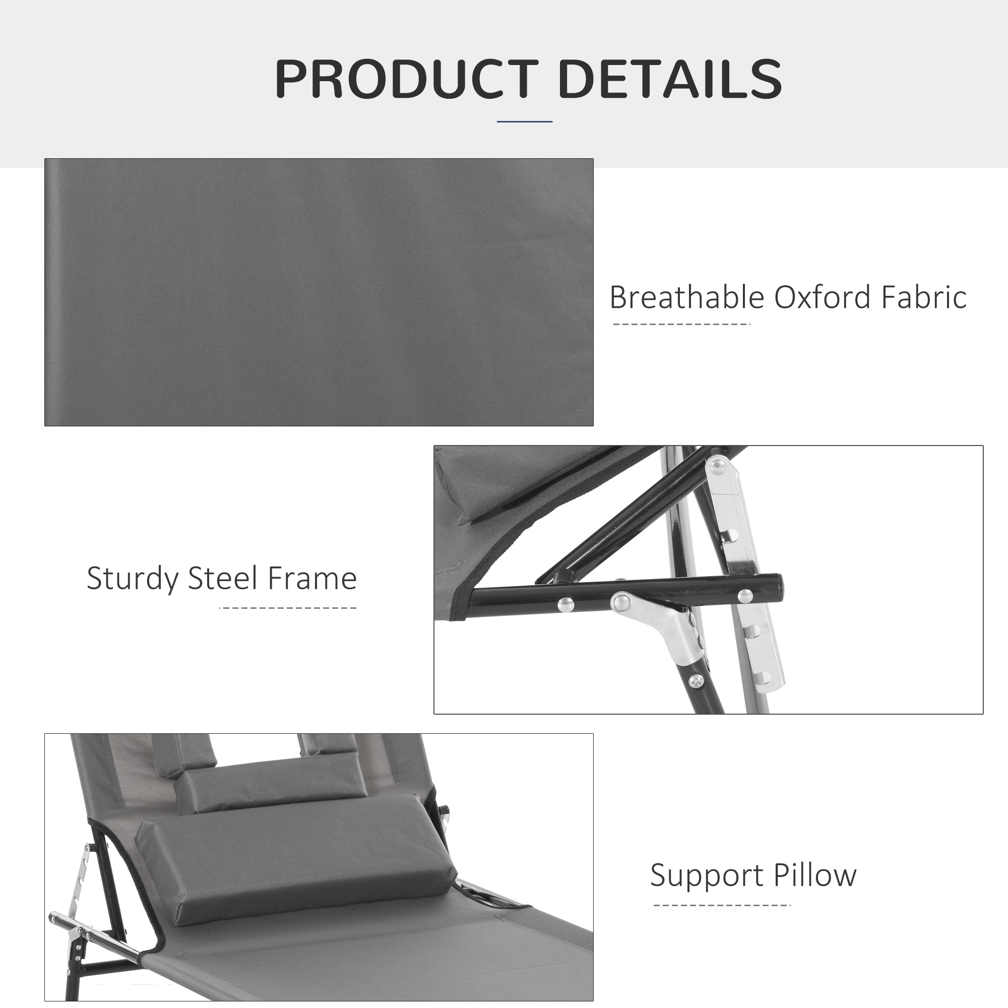 Adjustable Outdoor Lounge Chair, Garden Folding Chaise Lounge with Face Hole Reclining Tanning Chair Seat, Folding Camping Beach Lounging Bed w/ Support Pillow, Grey - Image 4
